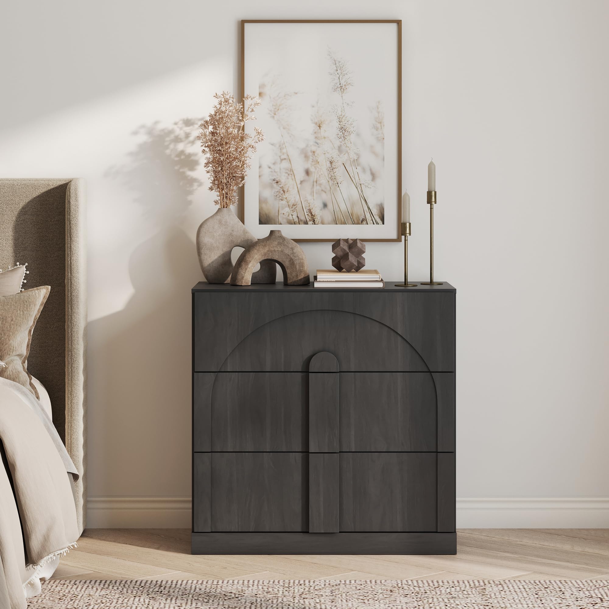 BELLEZE Modular Sideboard with Double-Arc Wood Doors, Small Arched Buffet Cabinet with Storage and Adjustable Shelves, Classic Modern Credenza for Dining Room, Living Room, or Entryway(Camel)