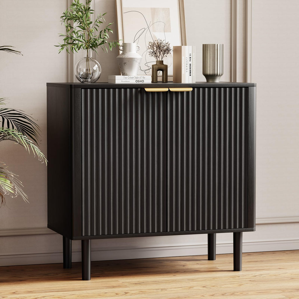 IKALIFE Sideboard Buffet Cabinet with Storage, Modern Fluted Accent Credenza with Doors & Adjustable Shelves, Wood Coffee Bar Console Table for Living Room, Dining Room, Kitchen or Entryway 31.5" Oak