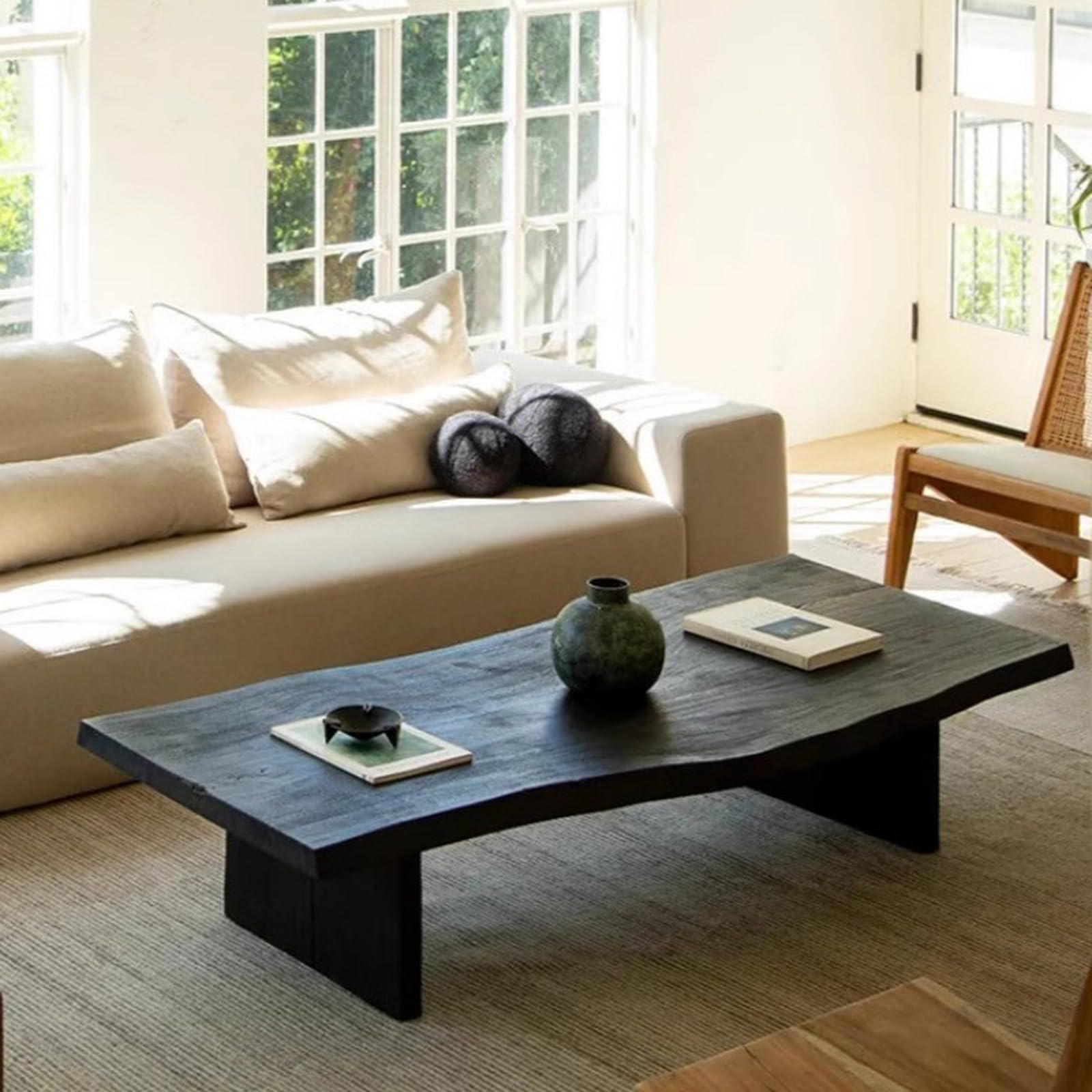 Modern Irregular Coffee Table Live Edge,Black Rectangular Solid Wood Coffee Table,Japanese Style Wooden Floor Tables for Livingroom(39.37" L×19.69" W×13.78" H, Black)