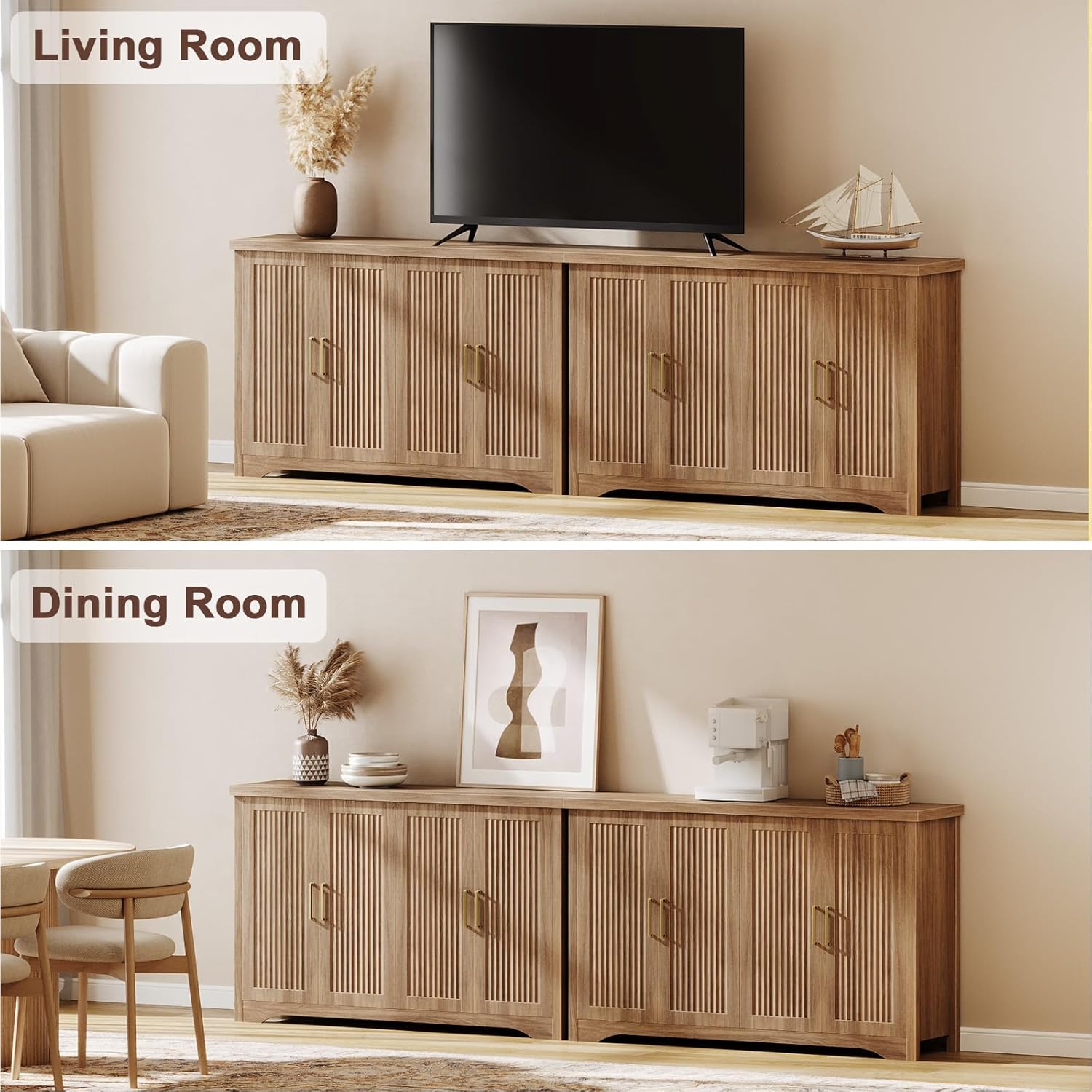 Memobarco Fluted Buffet Cabinet with Storage Accent Sideboard,Modern Credenza with 4 Doors & Adjustable Shelves,Wood Coffee Bar Table Console for Dining Room Kitchen Living Room Entryway,Natural Oak