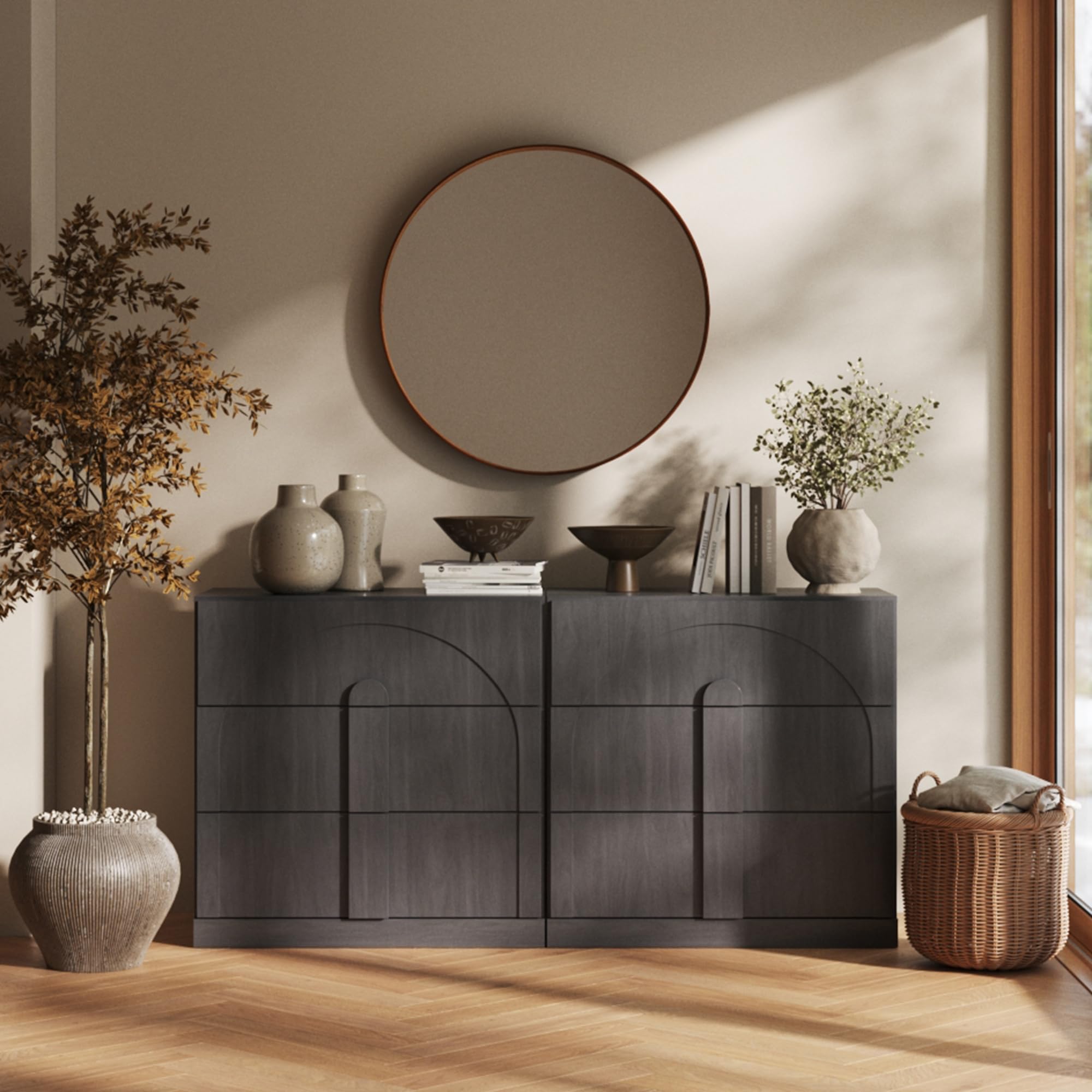 BELLEZE Modular Sideboard with Double-Arc Wood Doors, Small Arched Buffet Cabinet with Storage and Adjustable Shelves, Classic Modern Credenza for Dining Room, Living Room, or Entryway(Camel)