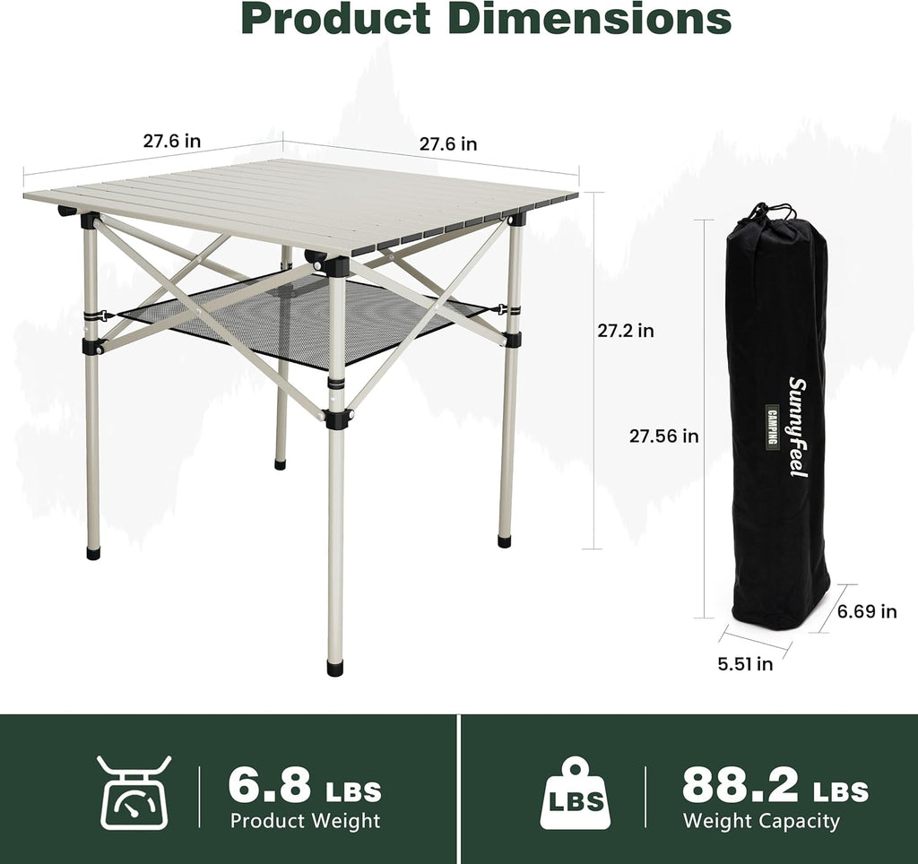 SUNNYFEEL Aluminum Folding Table for Camping, Lightweight Roll Up Top, Portable Camp Tables with Carry Bag for Outdoor Picnic (Square, Gray)