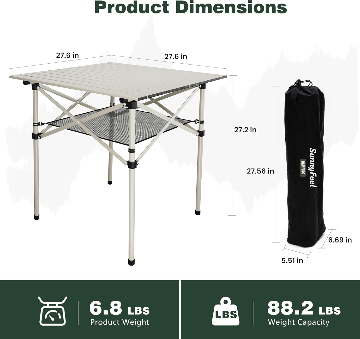 SUNNYFEEL Aluminum Folding Table for Camping, Lightweight Roll Up Top, Portable Camp Tables with Carry Bag for Outdoor Picnic (Square, Gray)
