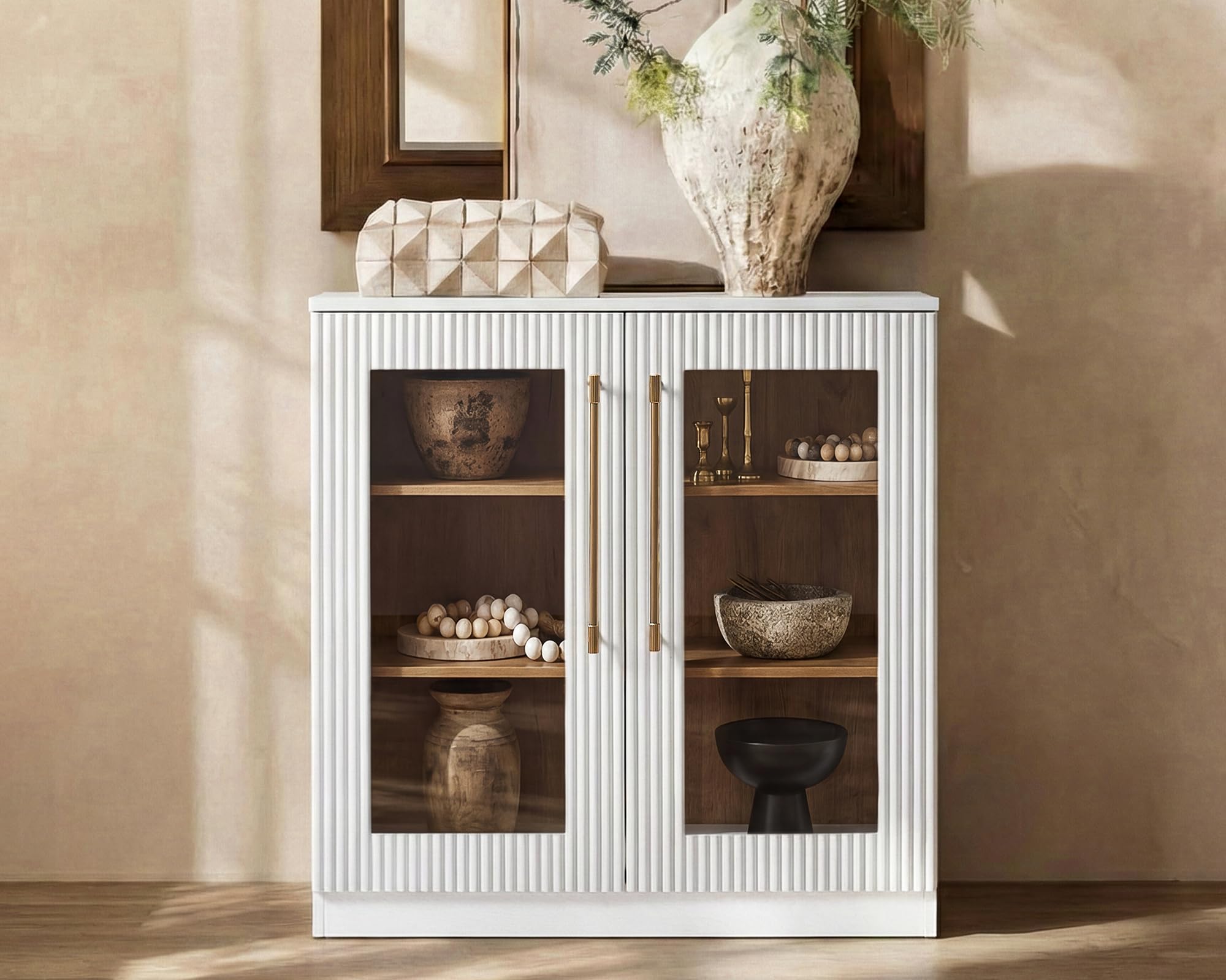 Morden Fort Handmade Fluted Arched Cabinet, Luxury Accent Cabinet with Adjustable Shelves, Durable Wood Modern Sideboard Buffet Credenza for Living Room Dining Room Entryway Bathroom White 31''