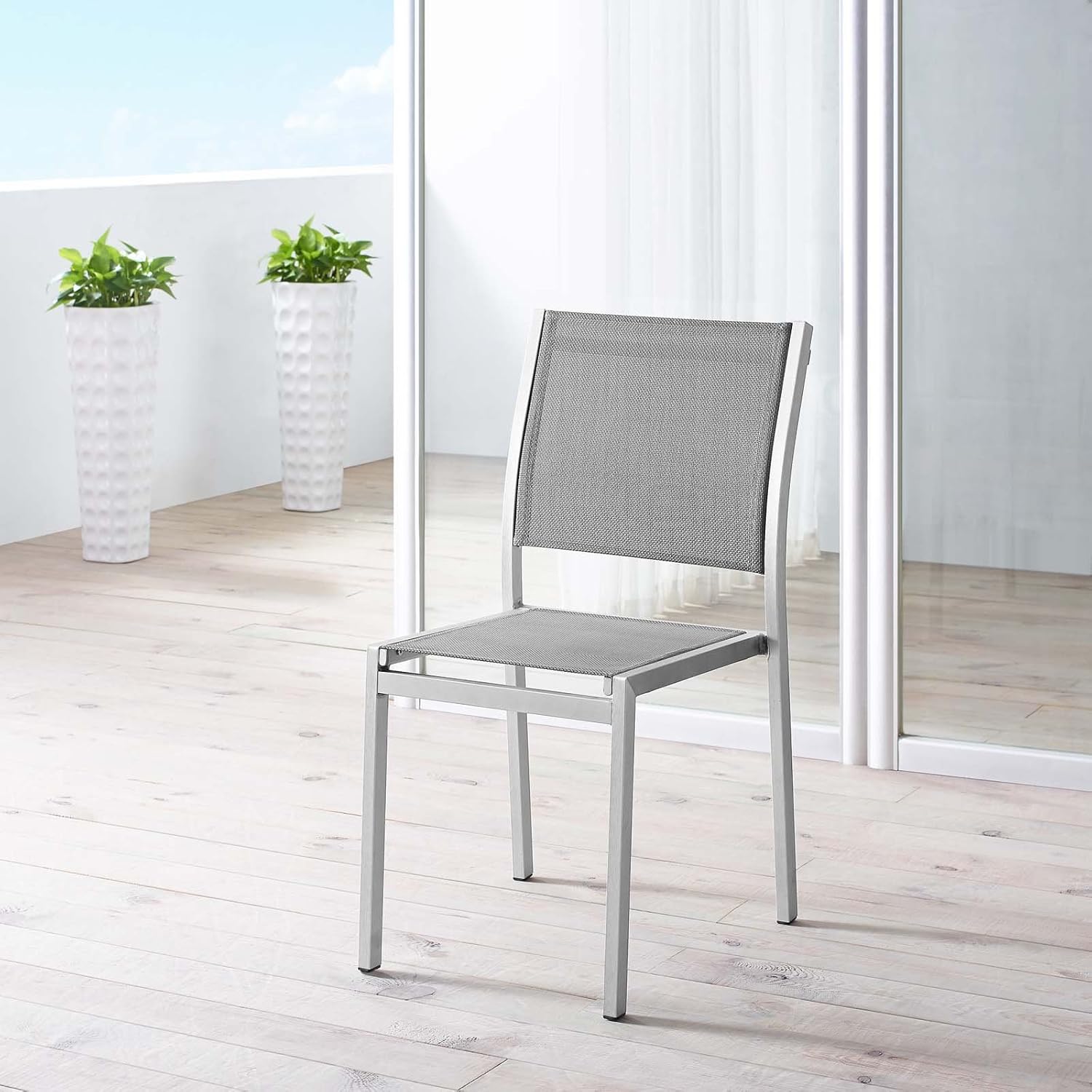Modway Shore Aluminum Mesh Outdoor Patio Dining Accent Side Chair in Silver Gray