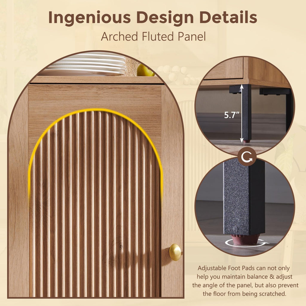 IFGET Modern Buffet Cabinet with Storage, 34" Tall Fluted Arched Sideboard Cabinet w/Adjustable Shelves, Wooden Modular Coffee Bar for Dining Room, Kitchen, Living Room, Entryway, Natural