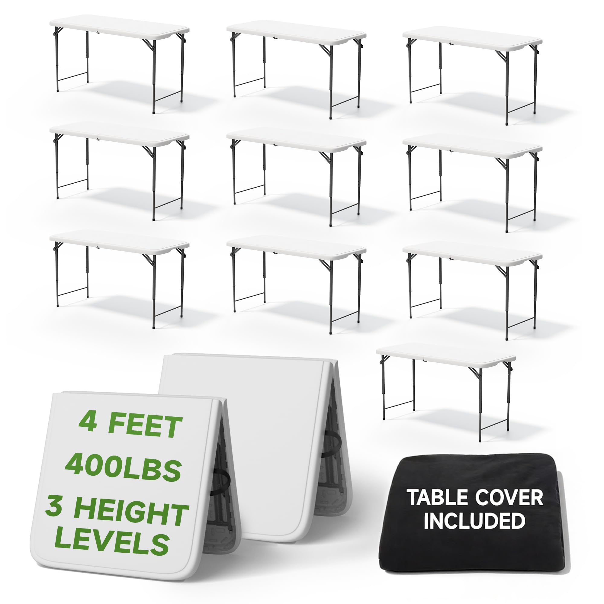 Folding Table 4 Foot - 3-Position Adjustable Height, Heavy Duty 400 lbs Capacity - Portable Tables Folding for Camping, Party, Indoor & Outdoor Use, 1 Pack