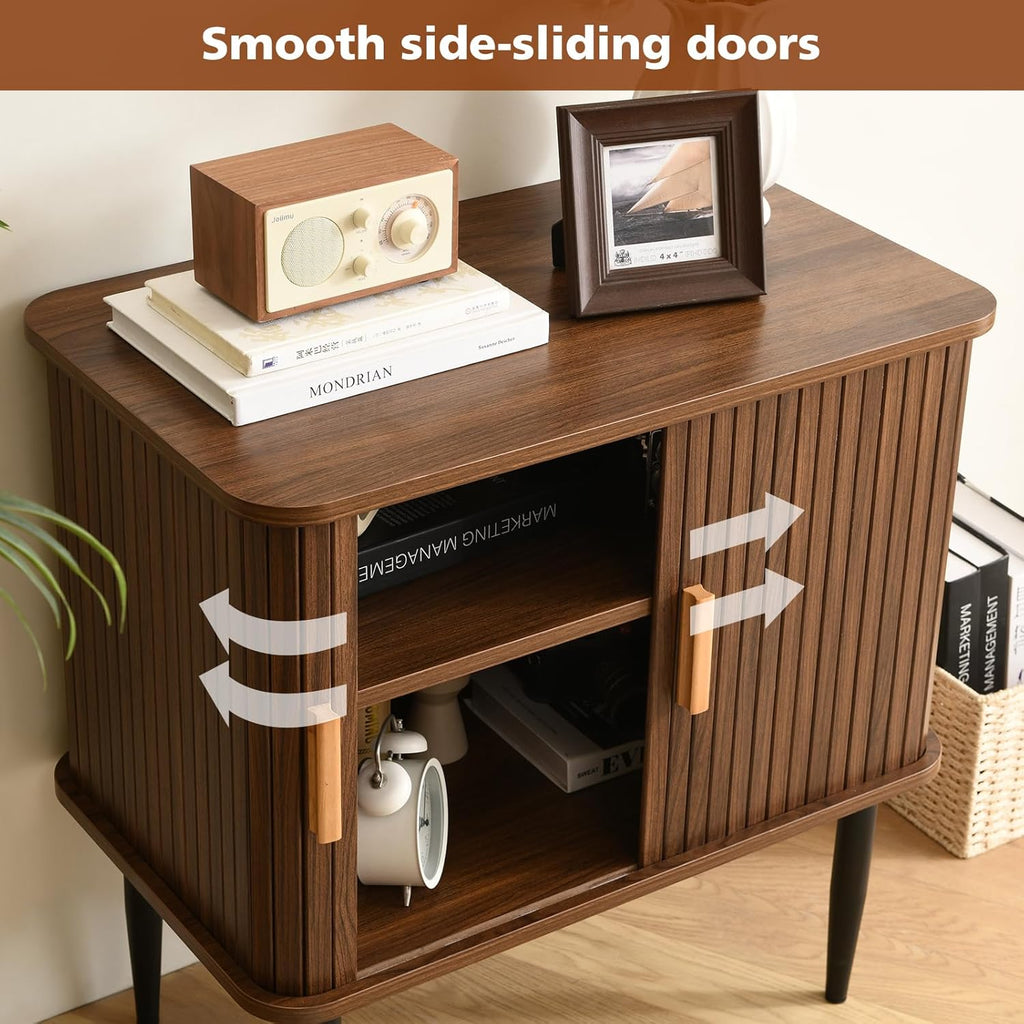 Ahokua Mid Century Modern Side Table with Storage, Walnut Accent Cabinet with Sliding Doors & Adjustable Shelf, Brown Fluted Nightstand for Living Room, Entryway, Bedroom