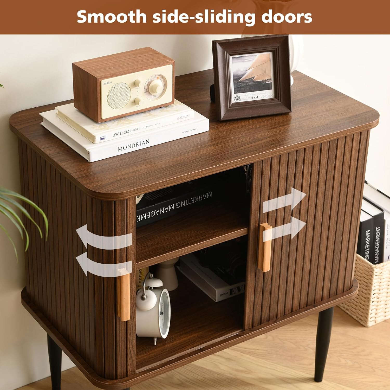 Ahokua Mid Century Modern Side Table with Storage, Walnut Accent Cabinet with Sliding Doors & Adjustable Shelf, Brown Fluted Nightstand for Living Room, Entryway, Bedroom