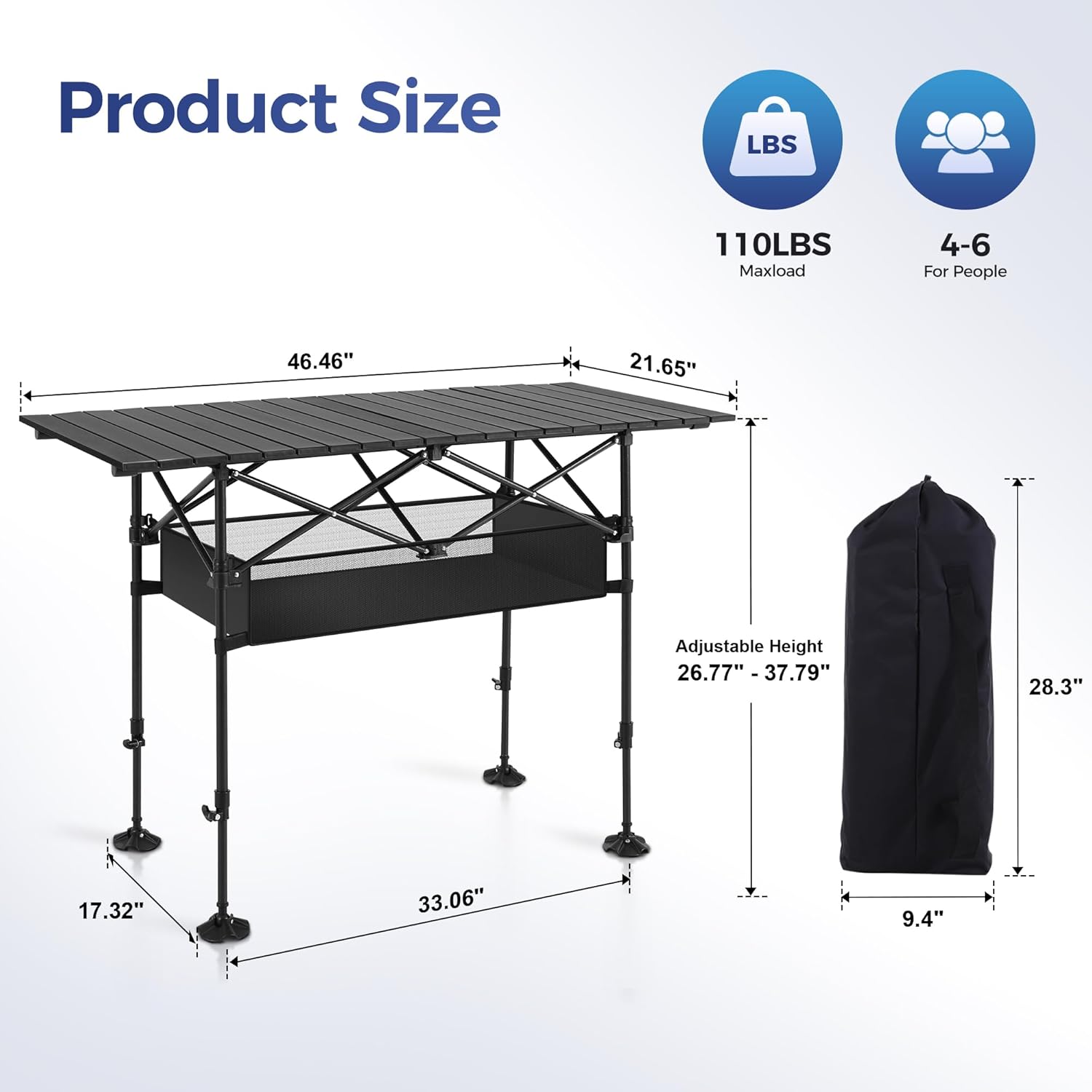 ALPHA CAMP Camping Table Outdoor Portable Adjustable Aluminum Table with Storage for Grill Travel Picnic Beach BBQ Backyards