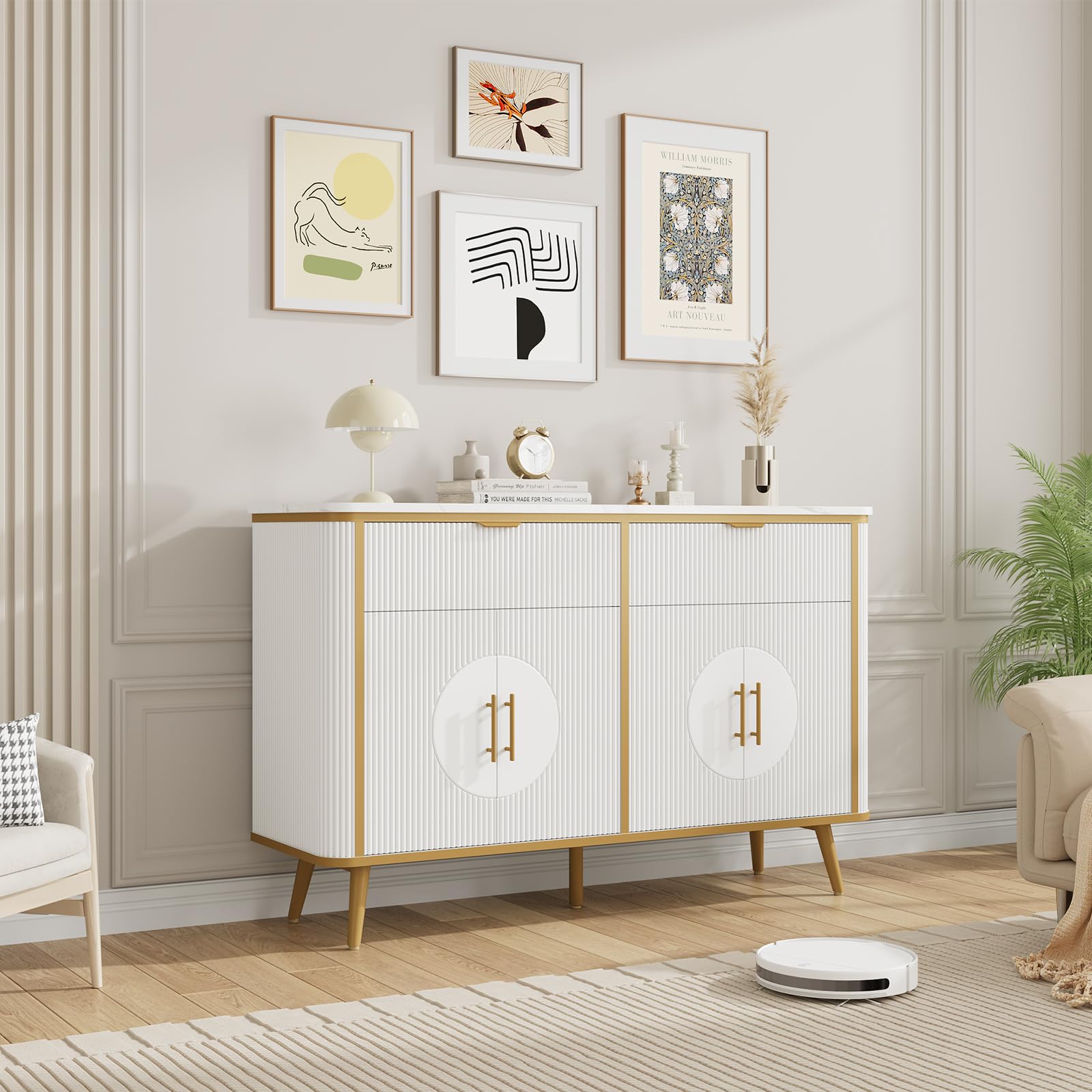 47.3" Modern Buffet Cabinet with Storage, Kitchen Sideboard Buffet with 2 Door & 3 Drawers, Fluted Caffee Bar Storage Cabinet for Dining Room, Living Room, Entryway, Natural Oak