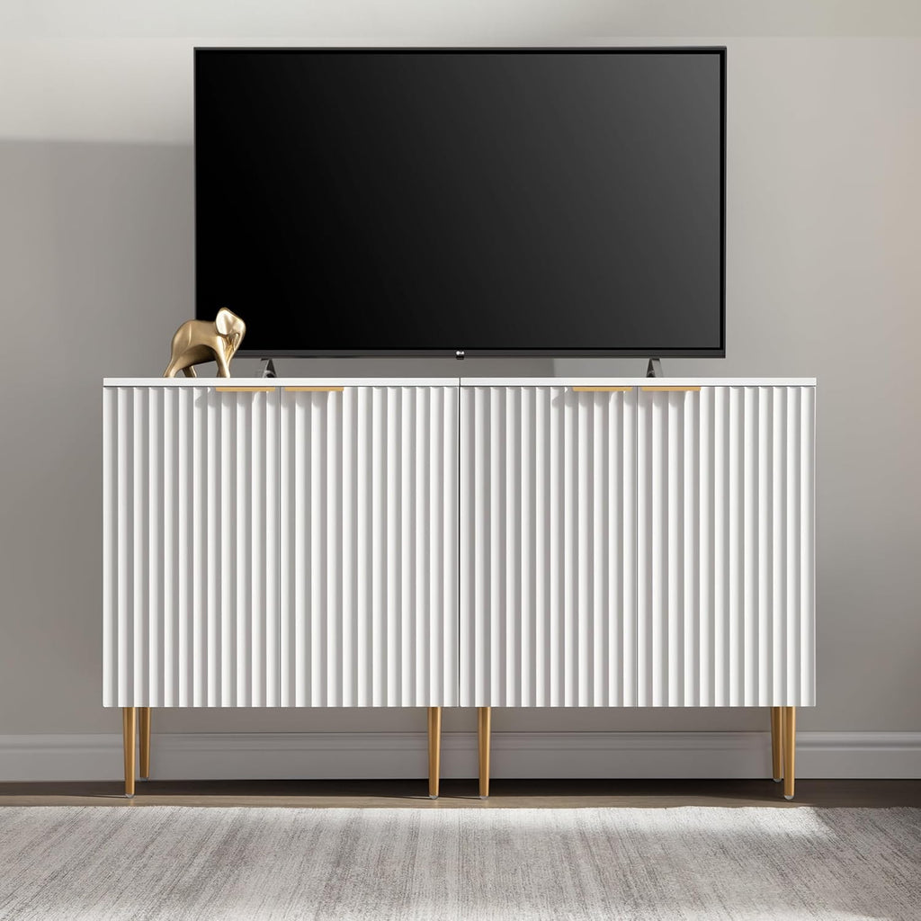 SICOTAS Sideboard Cabinet - 87'' Modern Accent Credenza Storage Cabinet Kitchen Fluted Sideboard with 6 Doors & Adjustable Shelves, Console Coffee Bar Table for Entryway Living Room Hallway, White