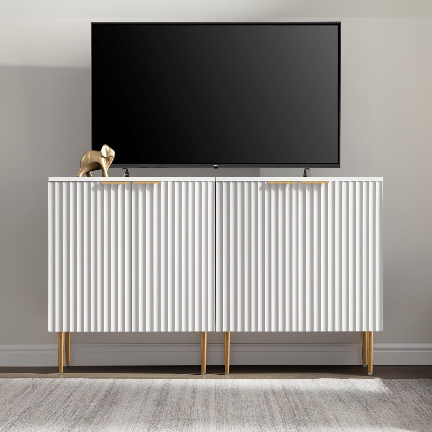 SICOTAS Sideboard Cabinet - 87'' Modern Accent Credenza Storage Cabinet Kitchen Fluted Sideboard with 6 Doors & Adjustable Shelves, Console Coffee Bar Table for Entryway Living Room Hallway, White