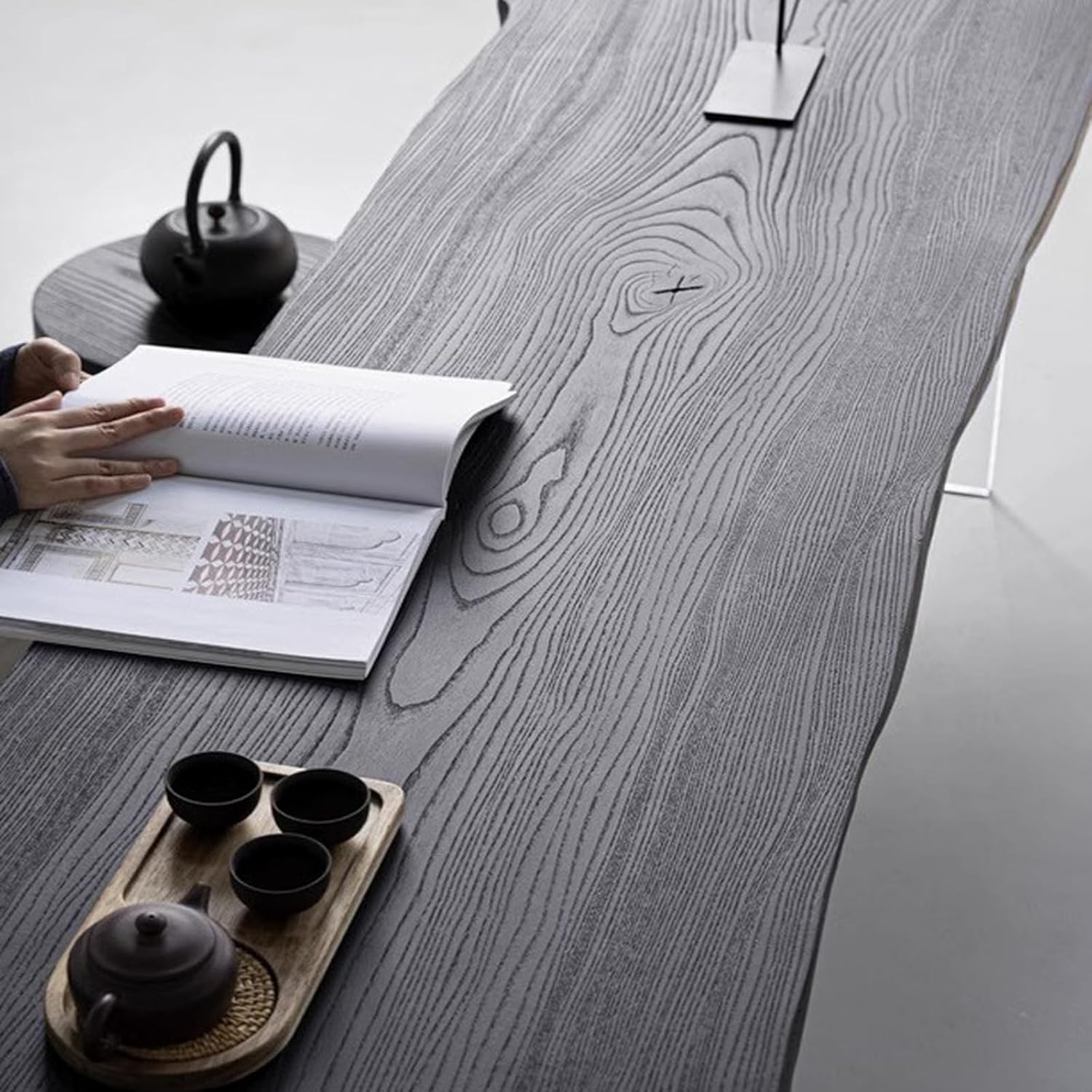 Modern Irregular Coffee Table Live Edge,Black Rectangular Solid Wood Coffee Table,Japanese Style Wooden Floor Tables for Livingroom(39.37" L×19.69" W×13.78" H, Black)