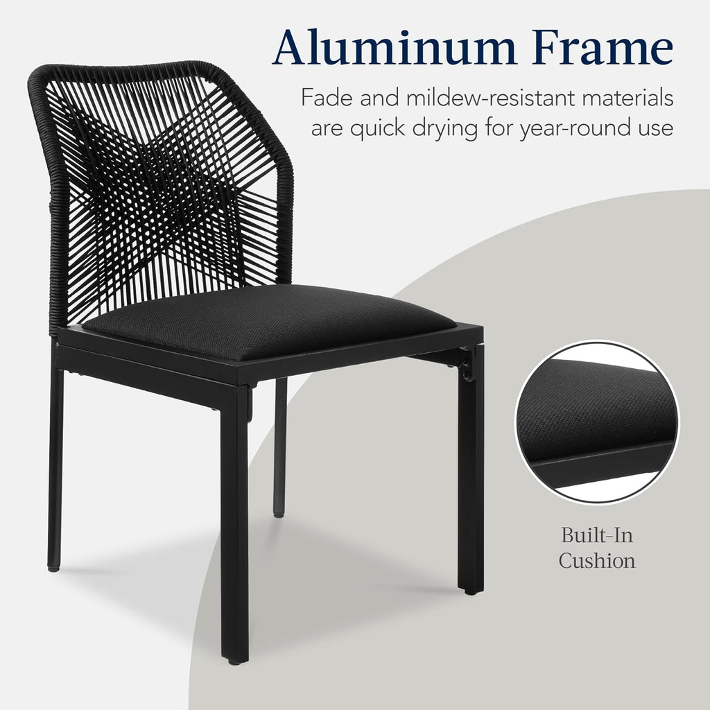 Best Choice Products Set of 2 Indoor/Outdoor Modern Dining Kitchen Chairs, All-Weather Rope Woven Design, Padded Cushions, Aluminum Frame for Dining Room, Living Room - Black/Obsidian
