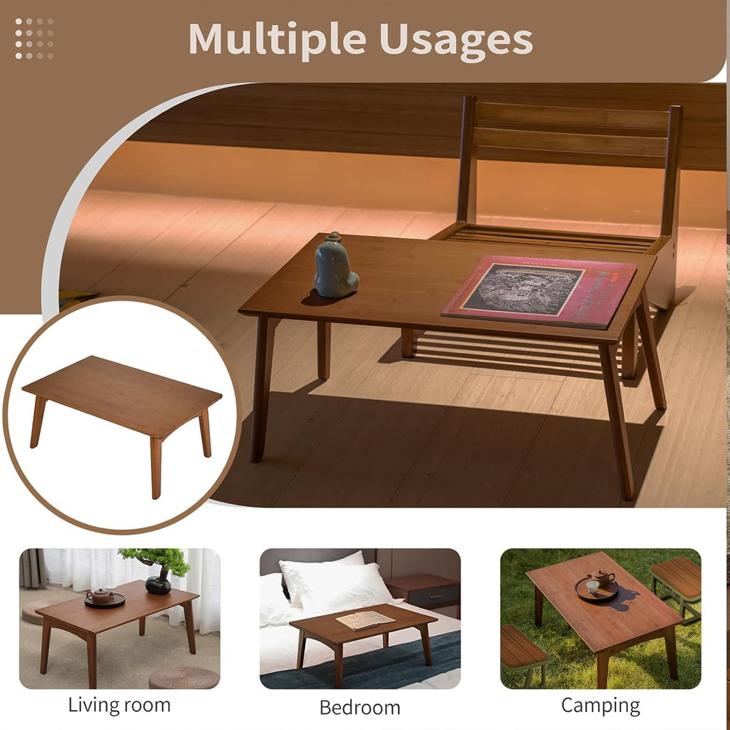 Bamboo Folding Coffee Table, Japanese Low Desk, No Assembly Portable Furniture, for Dining Working Studying Relaxing, Walnut, 26 x 16 x 12 Inches