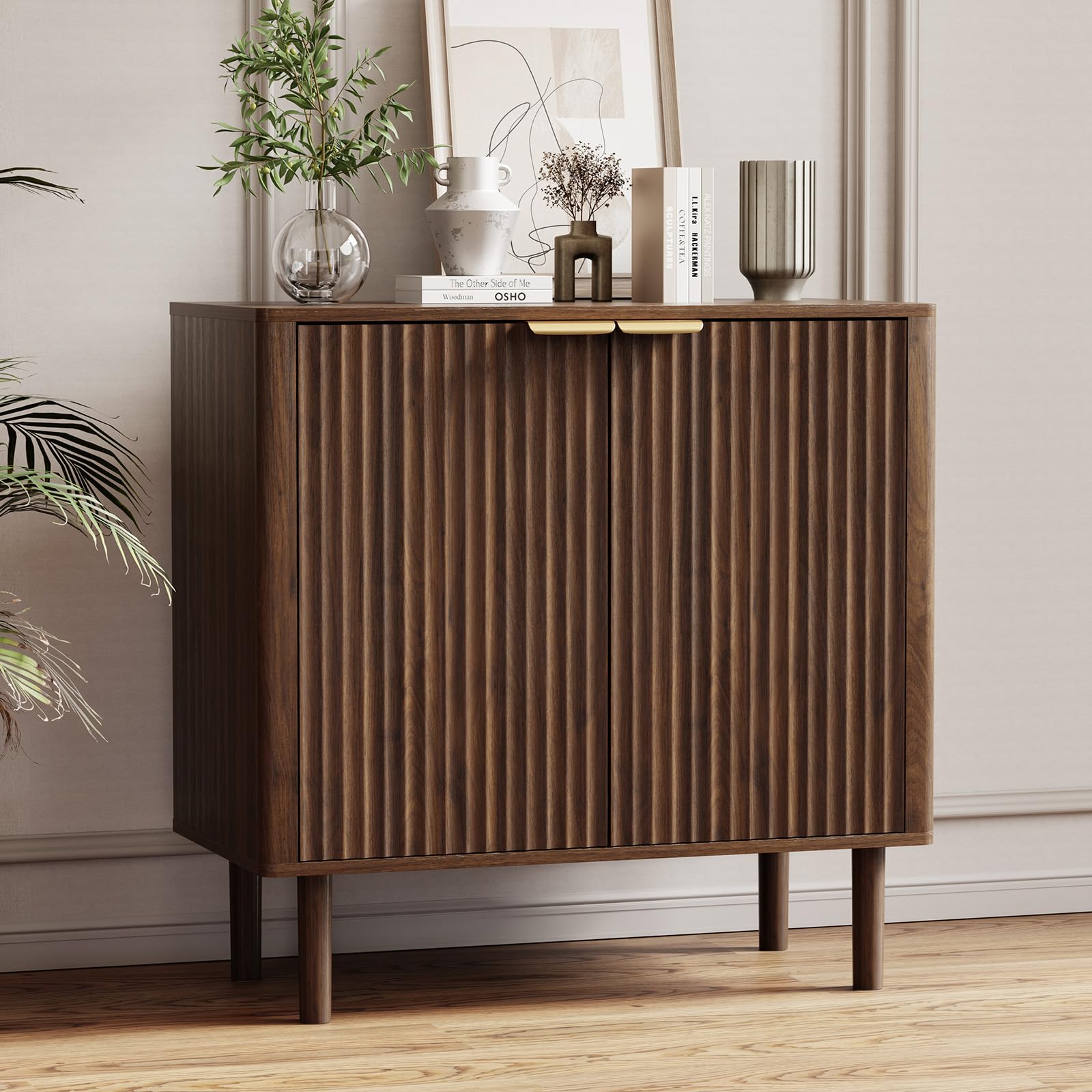 IKALIFE Sideboard Buffet Cabinet with Storage, Modern Fluted Accent Credenza with Doors & Adjustable Shelves, Wood Coffee Bar Console Table for Living Room, Dining Room, Kitchen or Entryway 31.5" Oak