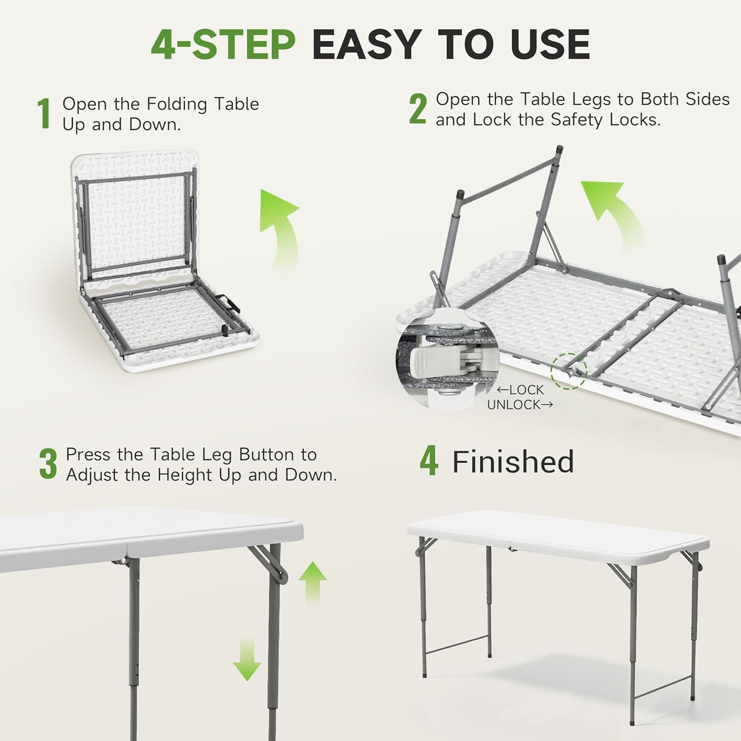 Folding Table 4 Foot - 3-Position Adjustable Height, Heavy Duty 400 lbs Capacity - Portable Tables Folding for Camping, Party, Indoor & Outdoor Use, 1 Pack