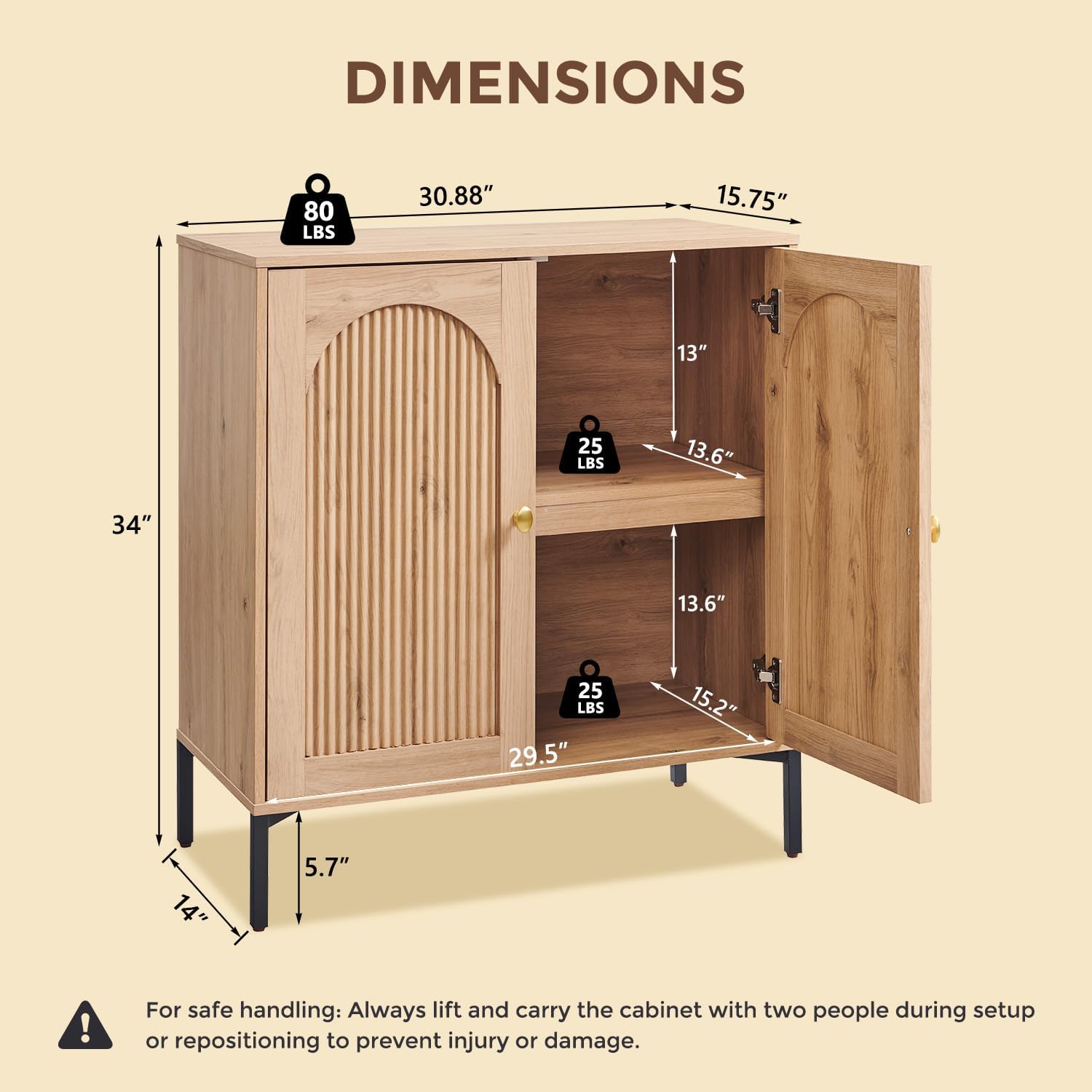 IFGET Modern Buffet Cabinet with Storage, 34" Tall Fluted Arched Sideboard Cabinet w/Adjustable Shelves, Wooden Modular Coffee Bar for Dining Room, Kitchen, Living Room, Entryway, Natural