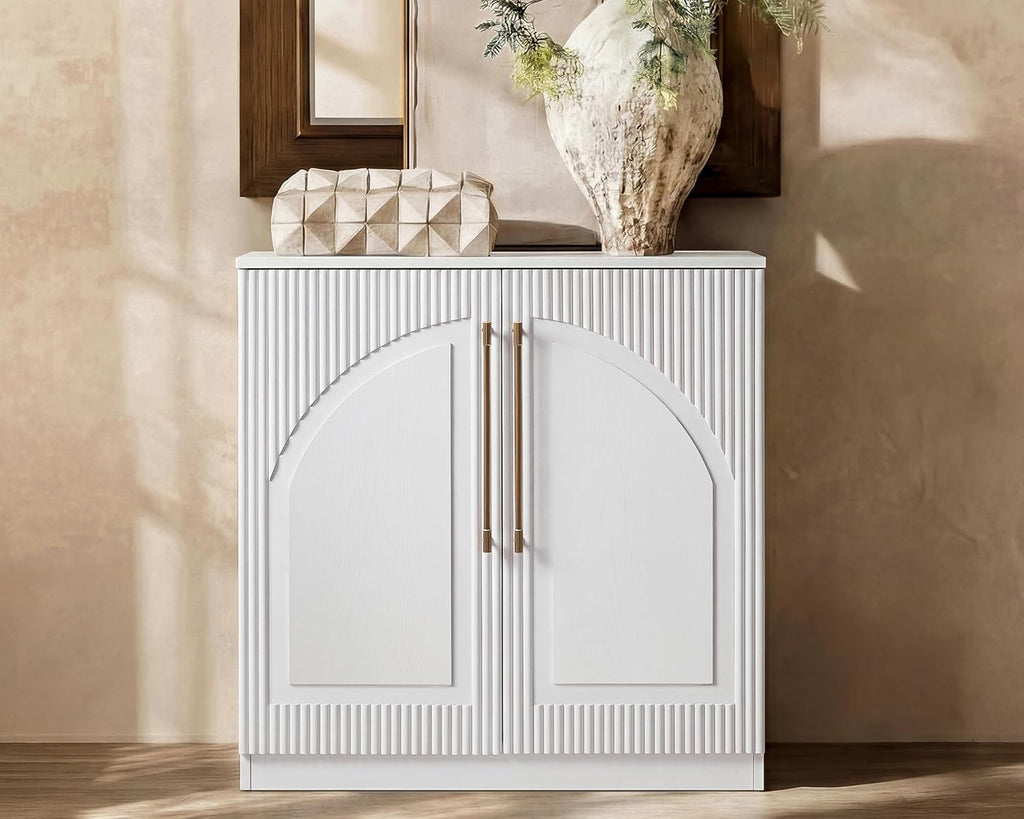 Morden Fort Handmade Fluted Arched Cabinet, Luxury Accent Cabinet with Adjustable Shelves, Durable Wood Modern Sideboard Buffet Credenza for Living Room Dining Room Entryway Bathroom White 31''