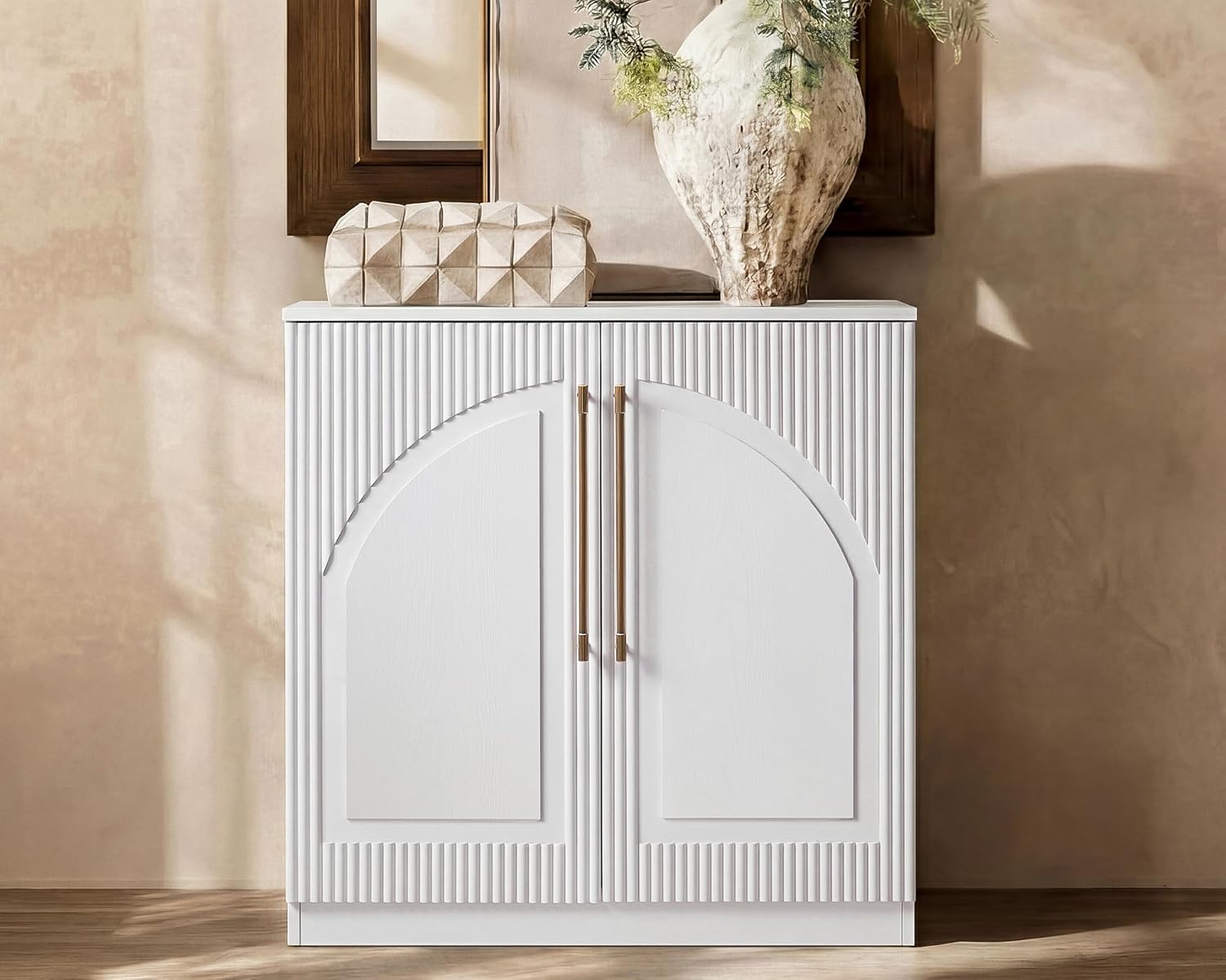 Morden Fort Handmade Fluted Arched Cabinet, Luxury Accent Cabinet with Adjustable Shelves, Durable Wood Modern Sideboard Buffet Credenza for Living Room Dining Room Entryway Bathroom White 31''
