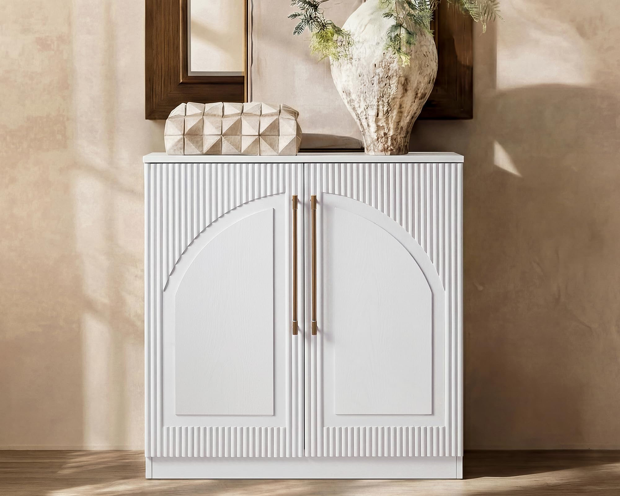 Morden Fort Handmade Fluted Arched Cabinet, Luxury Accent Cabinet with Adjustable Shelves, Durable Wood Modern Sideboard Buffet Credenza for Living Room Dining Room Entryway Bathroom White 31''