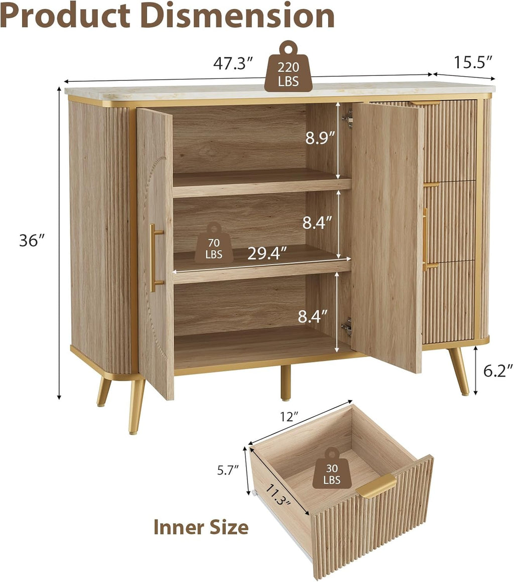 47.3" Modern Buffet Cabinet with Storage, Kitchen Sideboard Buffet with 2 Door & 3 Drawers, Fluted Caffee Bar Storage Cabinet for Dining Room, Living Room, Entryway, Natural Oak