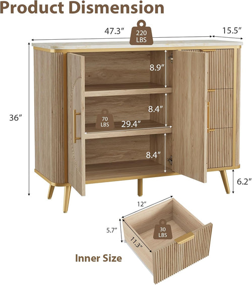 47.3" Modern Buffet Cabinet with Storage, Kitchen Sideboard Buffet with 2 Door & 3 Drawers, Fluted Caffee Bar Storage Cabinet for Dining Room, Living Room, Entryway, Natural Oak