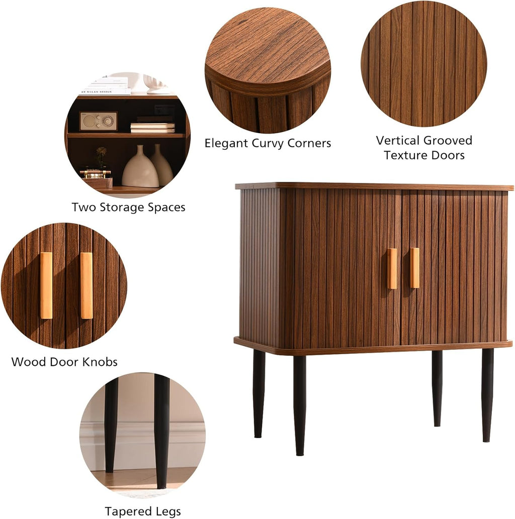 Ahokua Mid Century Modern Side Table with Storage, Walnut Accent Cabinet with Sliding Doors & Adjustable Shelf, Brown Fluted Nightstand for Living Room, Entryway, Bedroom