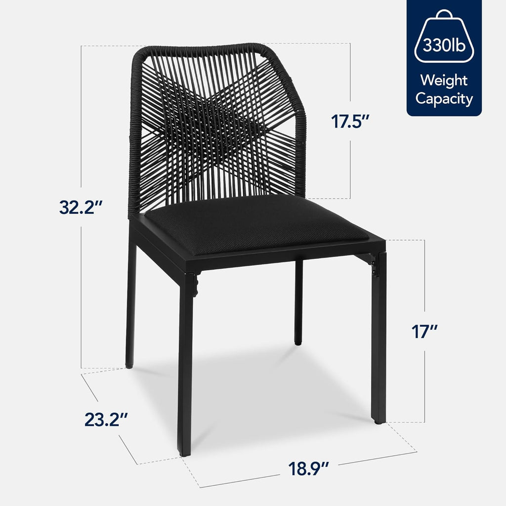 Best Choice Products Set of 2 Indoor/Outdoor Modern Dining Kitchen Chairs, All-Weather Rope Woven Design, Padded Cushions, Aluminum Frame for Dining Room, Living Room - Black/Obsidian