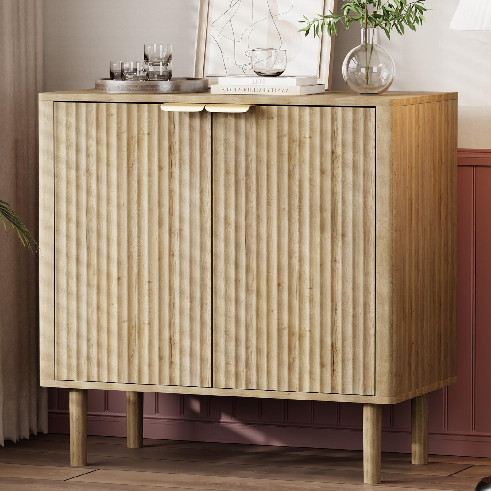 IKALIFE Sideboard Buffet Cabinet with Storage, Modern Fluted Accent Credenza with Doors & Adjustable Shelves, Wood Coffee Bar Console Table for Living Room, Dining Room, Kitchen or Entryway 31.5" Oak