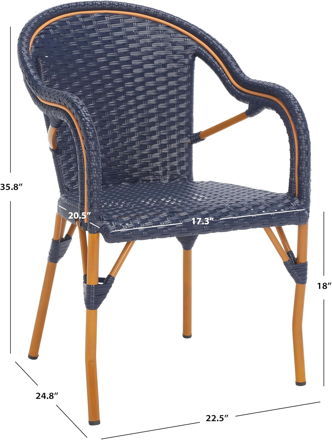 SAFAVIEH Outdoor - California Armchair Set of 2 - Navy - Faux Wicker & Aluminum Frame - Woven Bistro Design with Arms - Ideal for Patio, Deck, Sunroom, Dining Area, 17.3" Seat Height (PAT7531B-SET2)