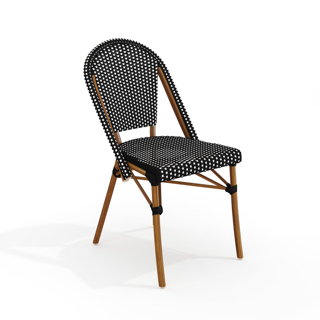 Martha Stewart Lily Pond Indoor-Outdoor Stackable Aluminum Bistro Chair with Natural Woodgrain Frame Finish and White/Navy Woven Rattan Backrest and Seat