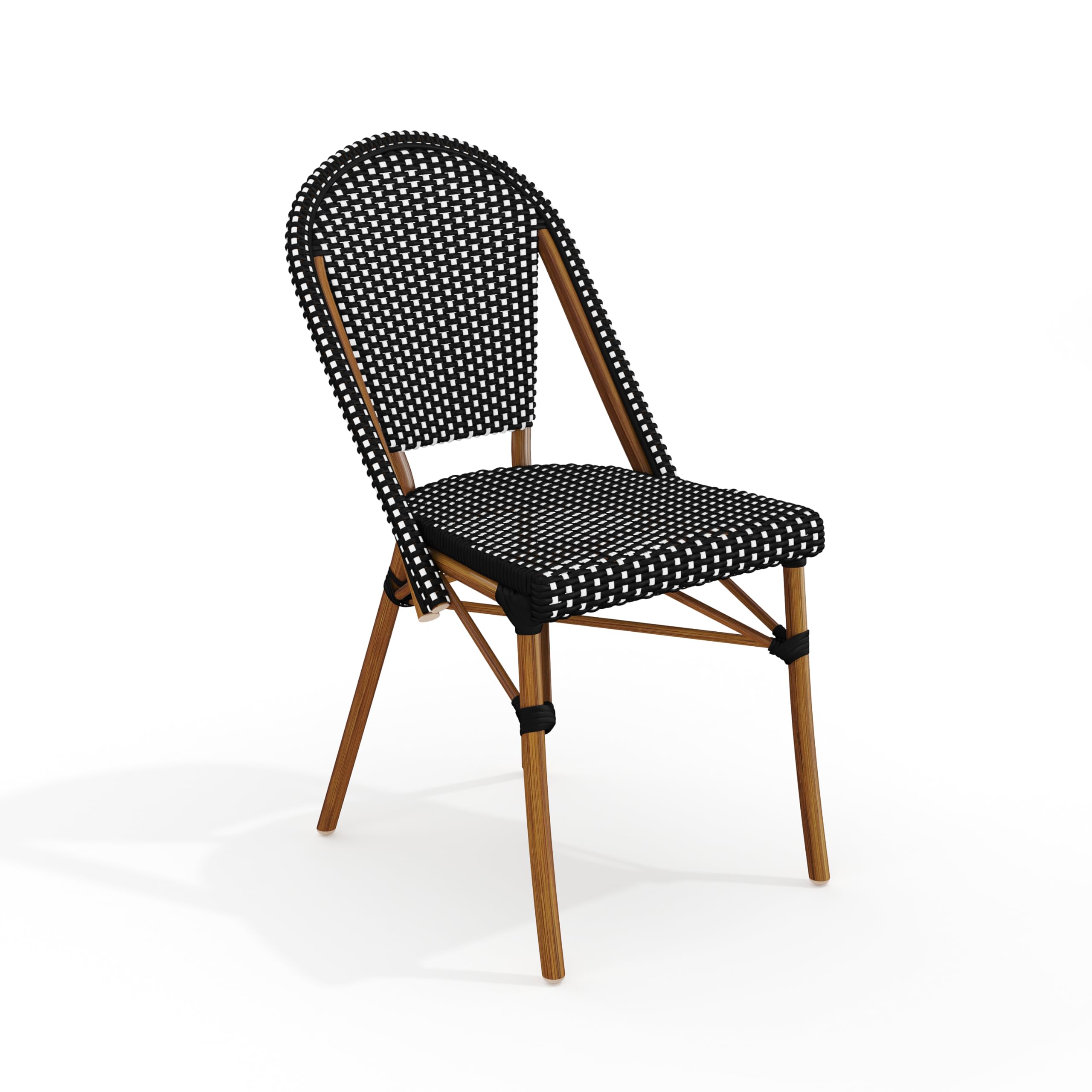 Martha Stewart Lily Pond Indoor-Outdoor Stackable Aluminum Bistro Chair with Natural Woodgrain Frame Finish and White/Navy Woven Rattan Backrest and Seat