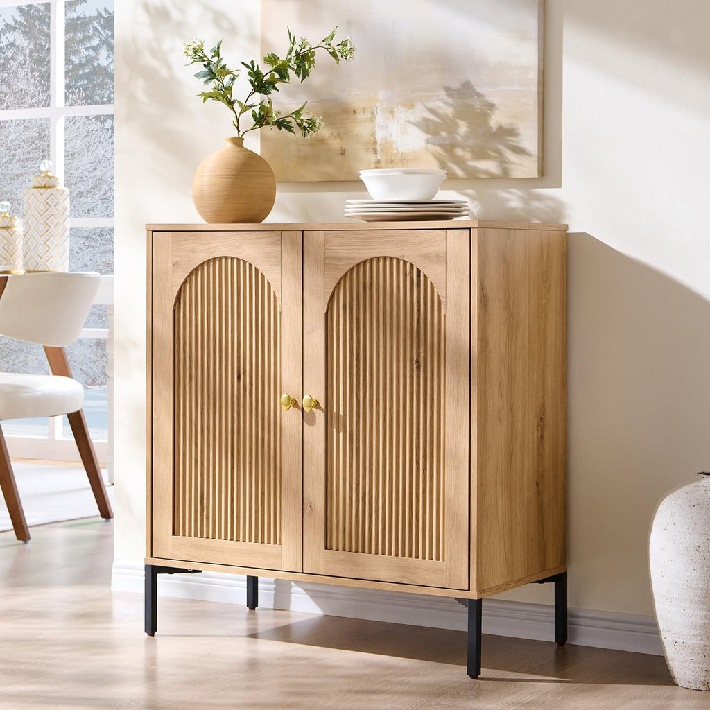IFGET Modern Buffet Cabinet with Storage, 34" Tall Fluted Arched Sideboard Cabinet w/Adjustable Shelves, Wooden Modular Coffee Bar for Dining Room, Kitchen, Living Room, Entryway, Natural