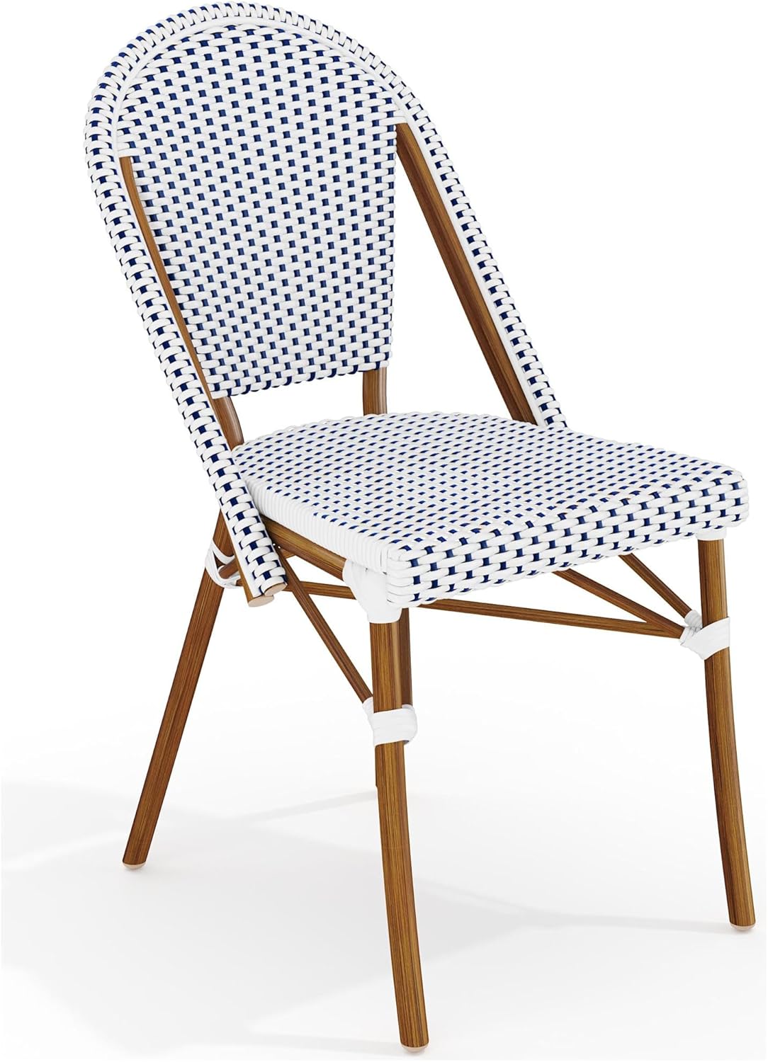 Martha Stewart Lily Pond Indoor-Outdoor Stackable Aluminum Bistro Chair with Natural Woodgrain Frame Finish and White/Navy Woven Rattan Backrest and Seat