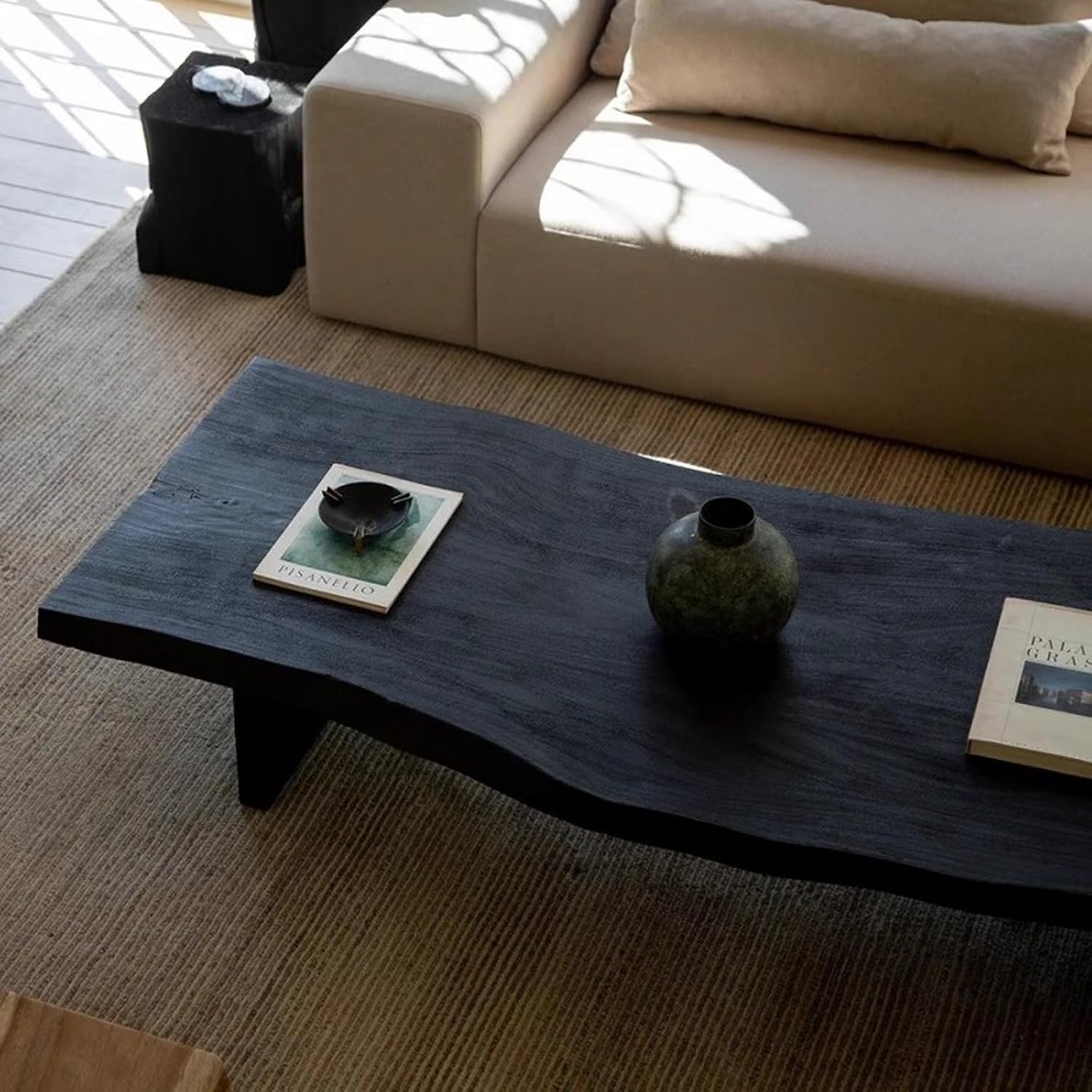 Modern Irregular Coffee Table Live Edge,Black Rectangular Solid Wood Coffee Table,Japanese Style Wooden Floor Tables for Livingroom(39.37" L×19.69" W×13.78" H, Black)