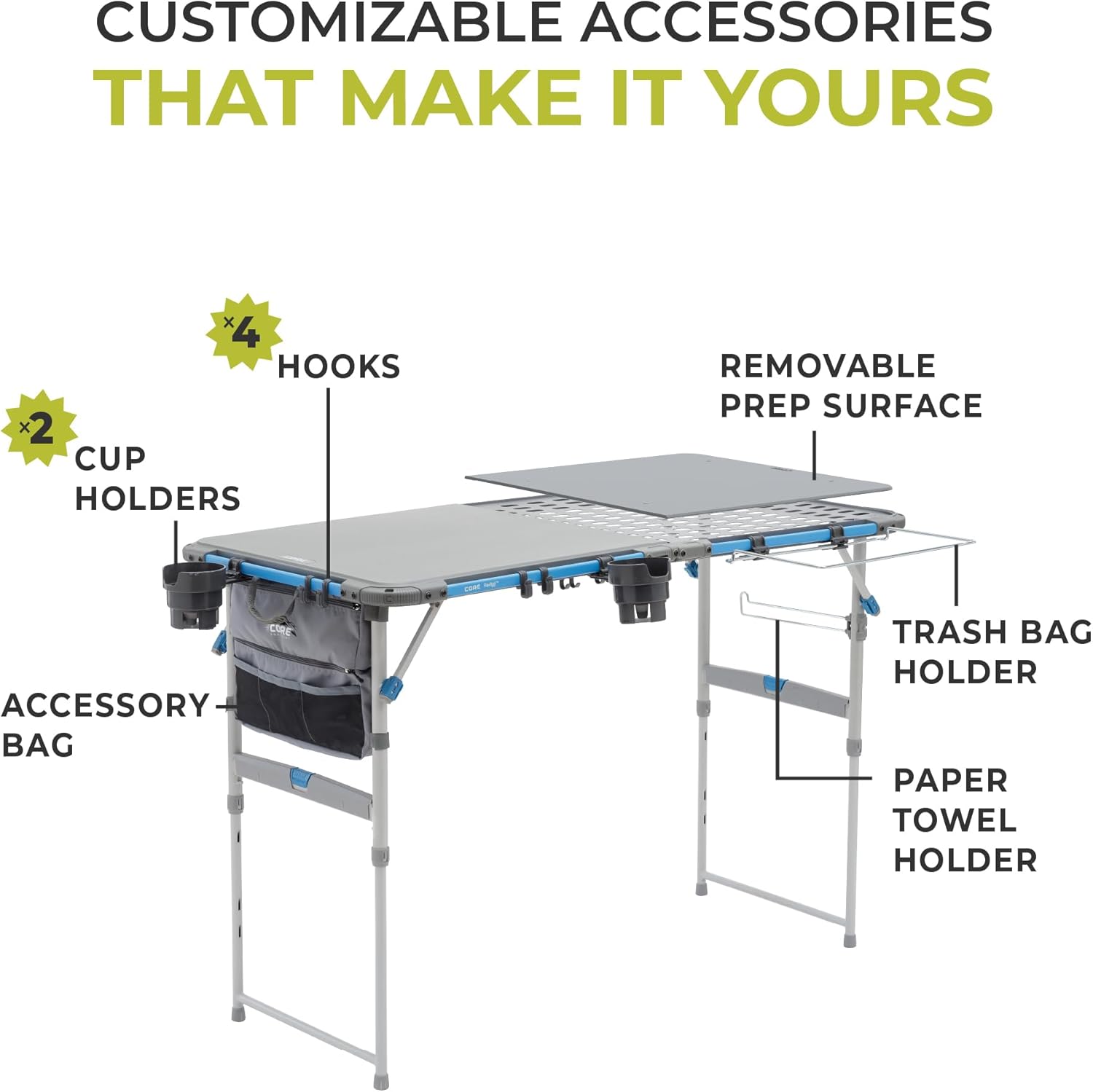 CORE Outdoor Cook Table | 4 Foot Table with Adjustable Height and Storage for Cooking Accessories | Foldable & Portable for Beach, Picnic, Backyards, BBQ, Tailgate, Patio and Party