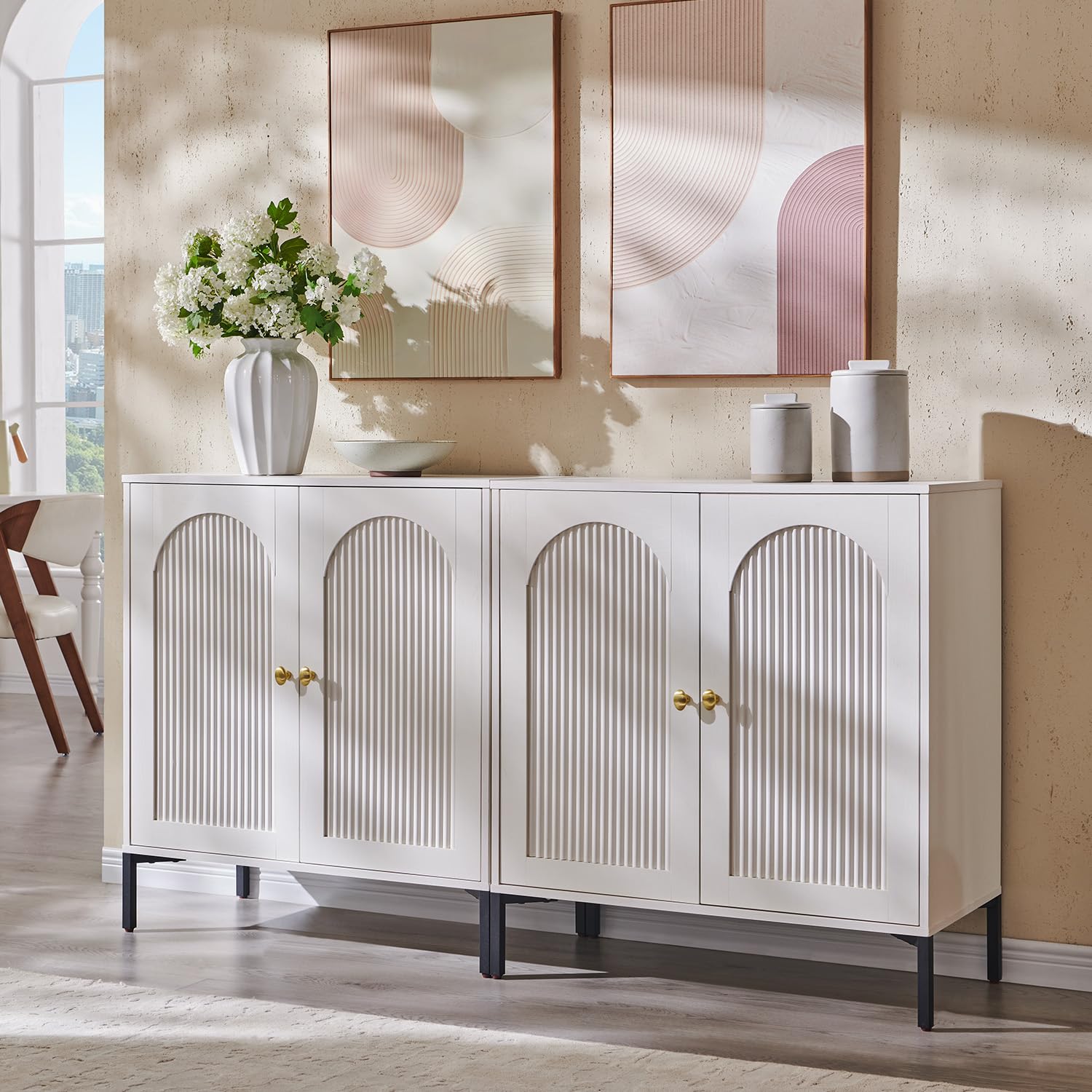IFGET Modern Buffet Cabinet with Storage, 34" Tall Fluted Arched Sideboard Cabinet w/Adjustable Shelves, Wooden Modular Coffee Bar for Dining Room, Kitchen, Living Room, Entryway, Natural