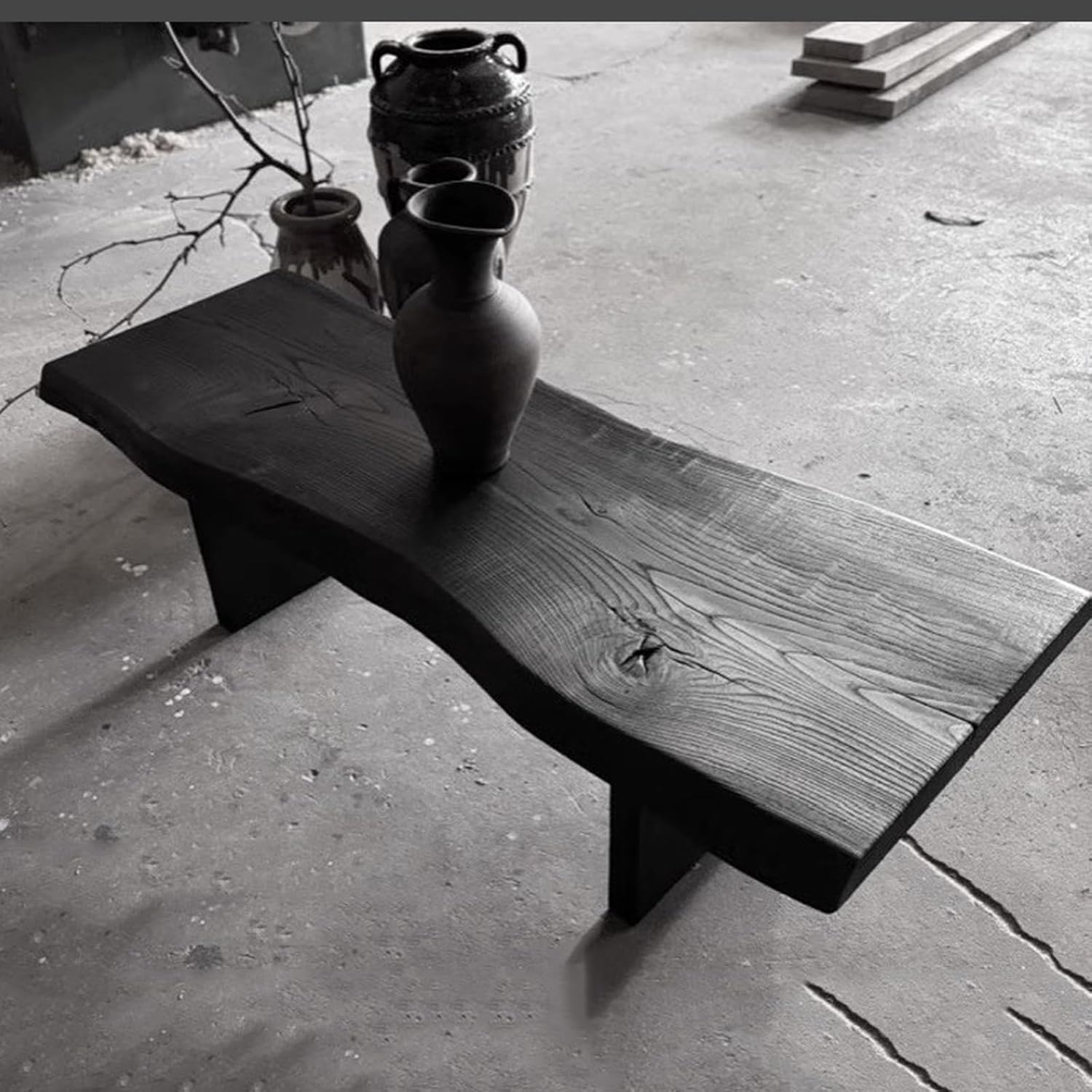 Modern Irregular Coffee Table Live Edge,Black Rectangular Solid Wood Coffee Table,Japanese Style Wooden Floor Tables for Livingroom(39.37" L×19.69" W×13.78" H, Black)