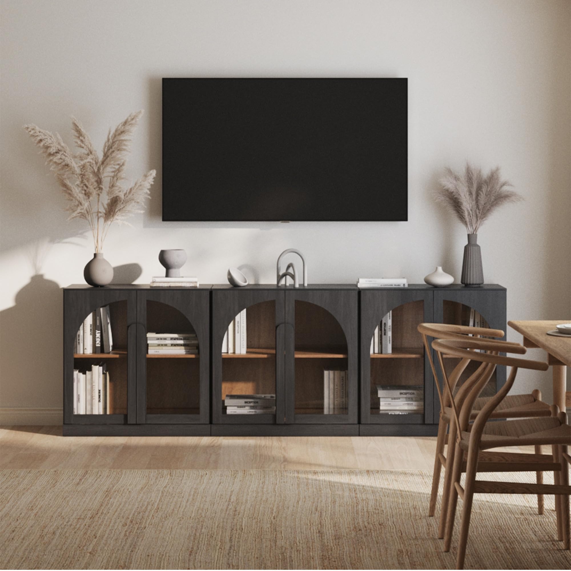 BELLEZE Modular Sideboard with Double-Arc Wood Doors, Small Arched Buffet Cabinet with Storage and Adjustable Shelves, Classic Modern Credenza for Dining Room, Living Room, or Entryway(Camel)