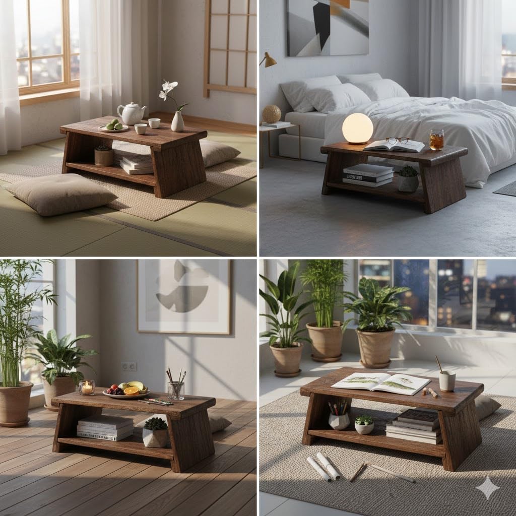 Japanese Altar Table, Vintage Black Minimalist Low Coffee Table, Foldable Wooden Tea Table for Living Room, Tatami and Meditation (Minimalist, Rustic Black, 19.7" Length)