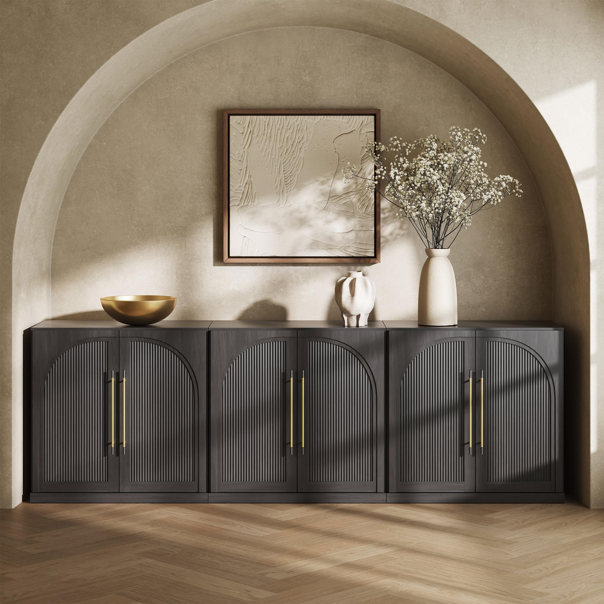 BELLEZE Modular Sideboard with Double-Arc Wood Doors, Small Arched Buffet Cabinet with Storage and Adjustable Shelves, Classic Modern Credenza for Dining Room, Living Room, or Entryway(Camel)