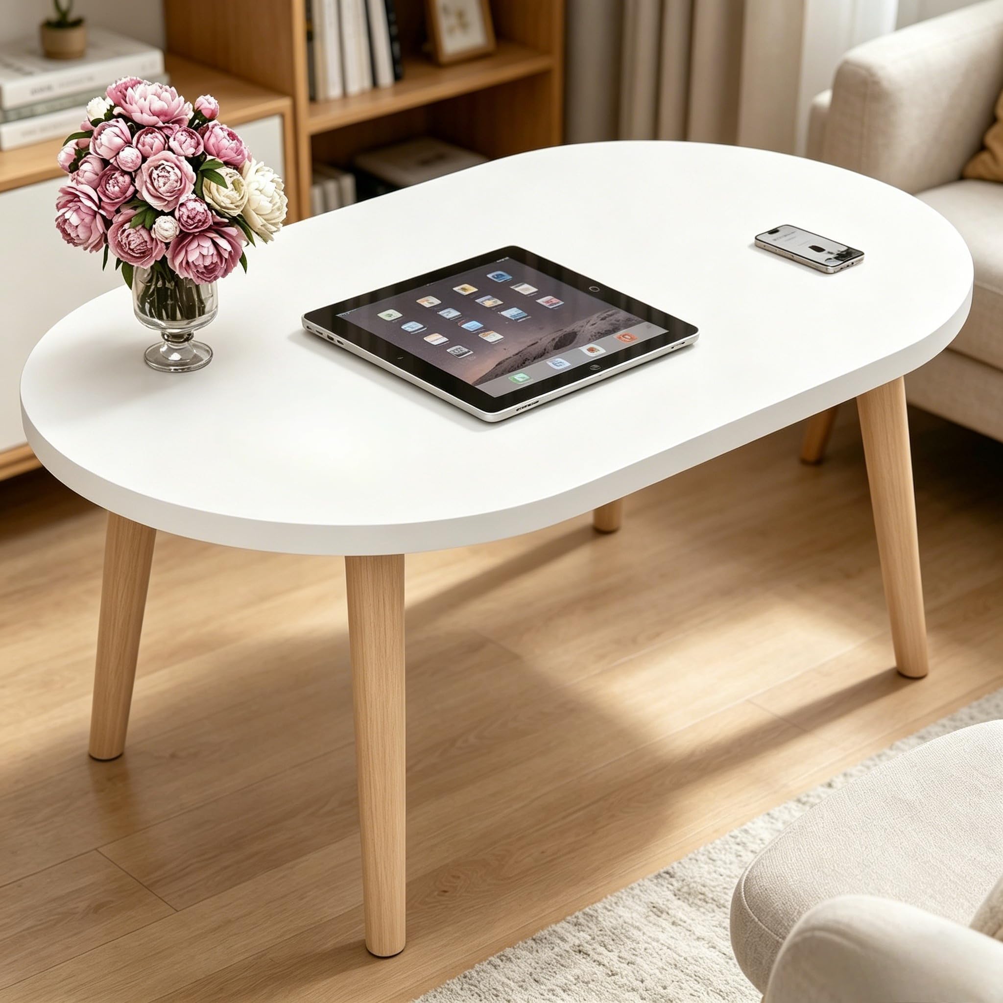 FAMIDGE Coffee Table, 23.6" Small Oval Coffee Tables for Small Space with 4 Solid Wood Leg, Floor Table Desk for Sitting on The Floor, Side Table Japanese Low Table for Living Room Apartment, Brown