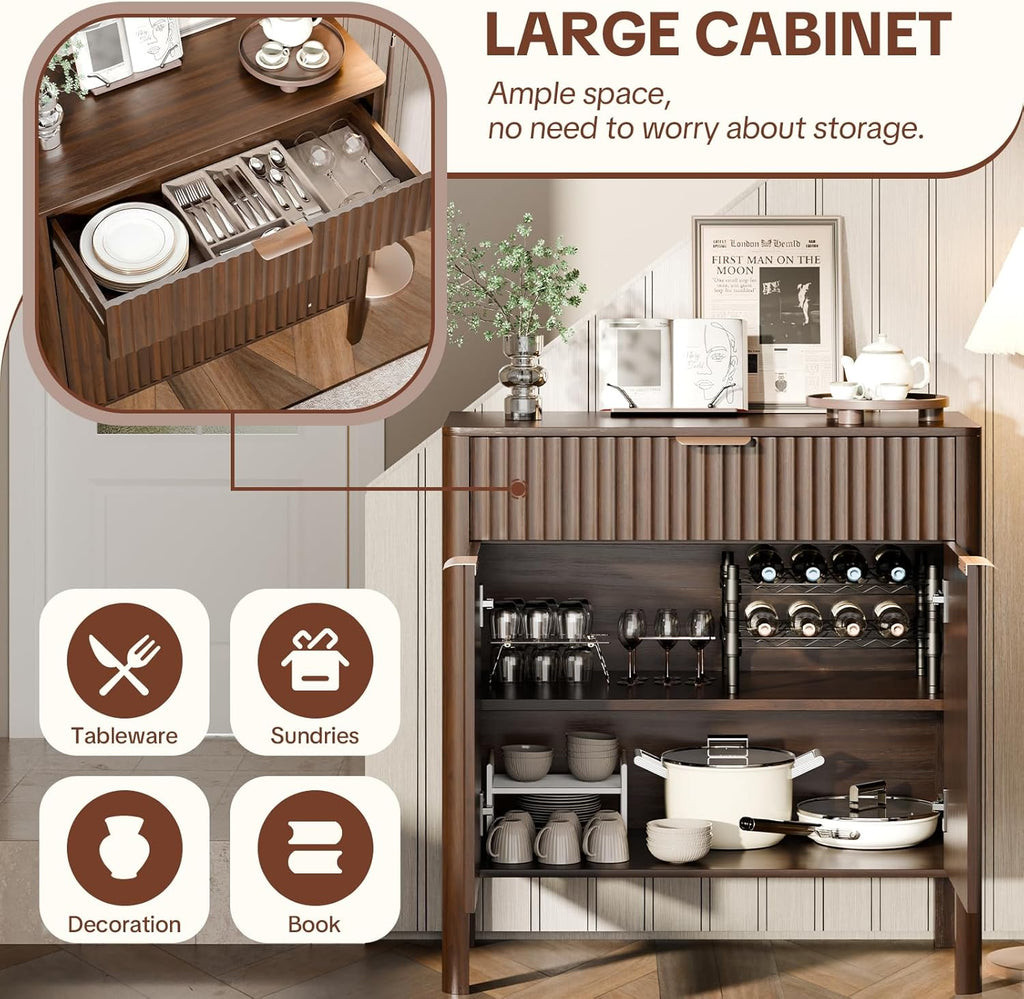 Fluted Buffet Cabinet with Storage - Modern Sideboard Accent Credenza with Doors & Drawer Wood Console Coffee Table Bar Counter for Living Room Kitchen Dining Room Entryway, Easy Assembly 31" Walnut