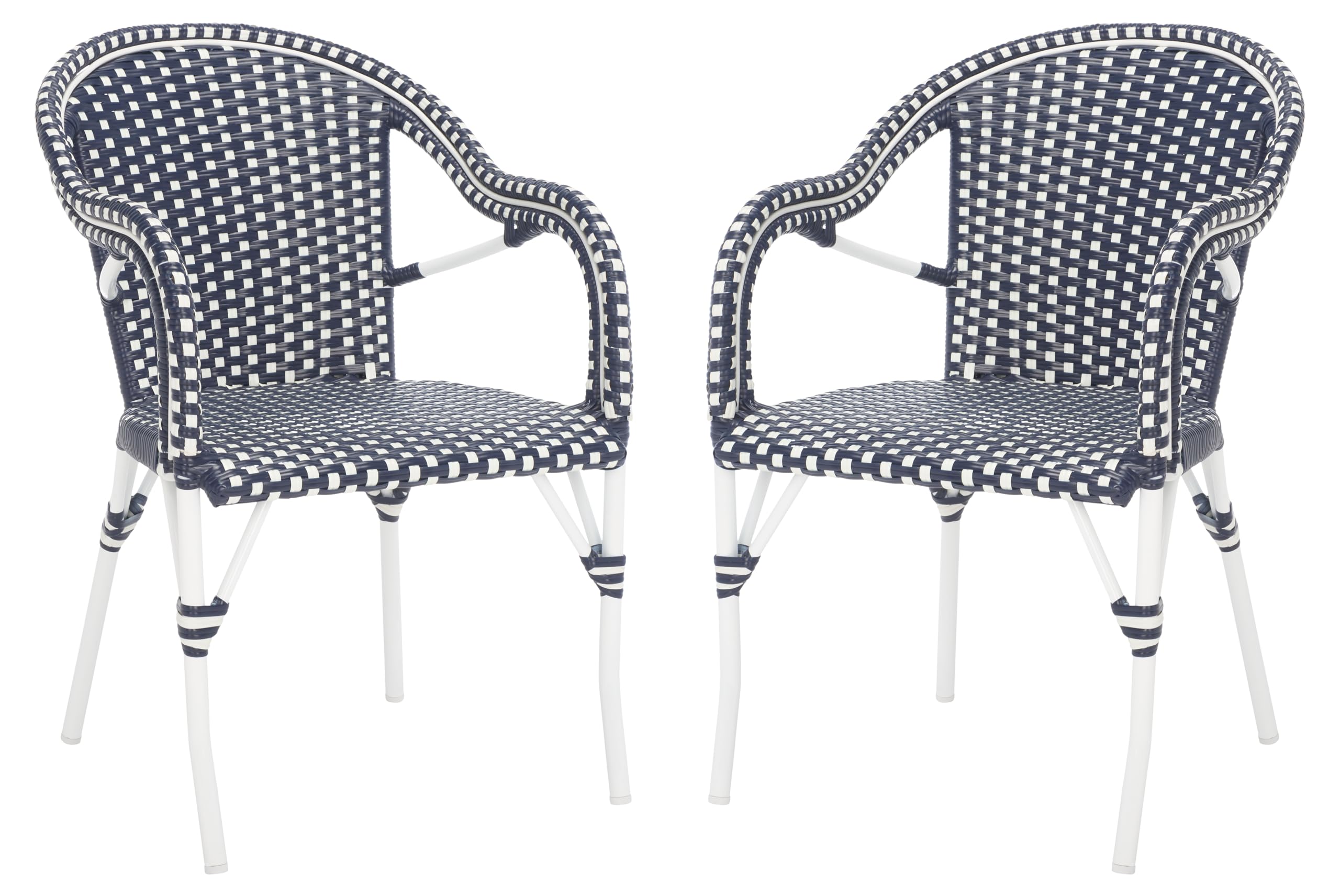 SAFAVIEH Outdoor - California Armchair Set of 2 - Navy - Faux Wicker & Aluminum Frame - Woven Bistro Design with Arms - Ideal for Patio, Deck, Sunroom, Dining Area, 17.3" Seat Height (PAT7531B-SET2)