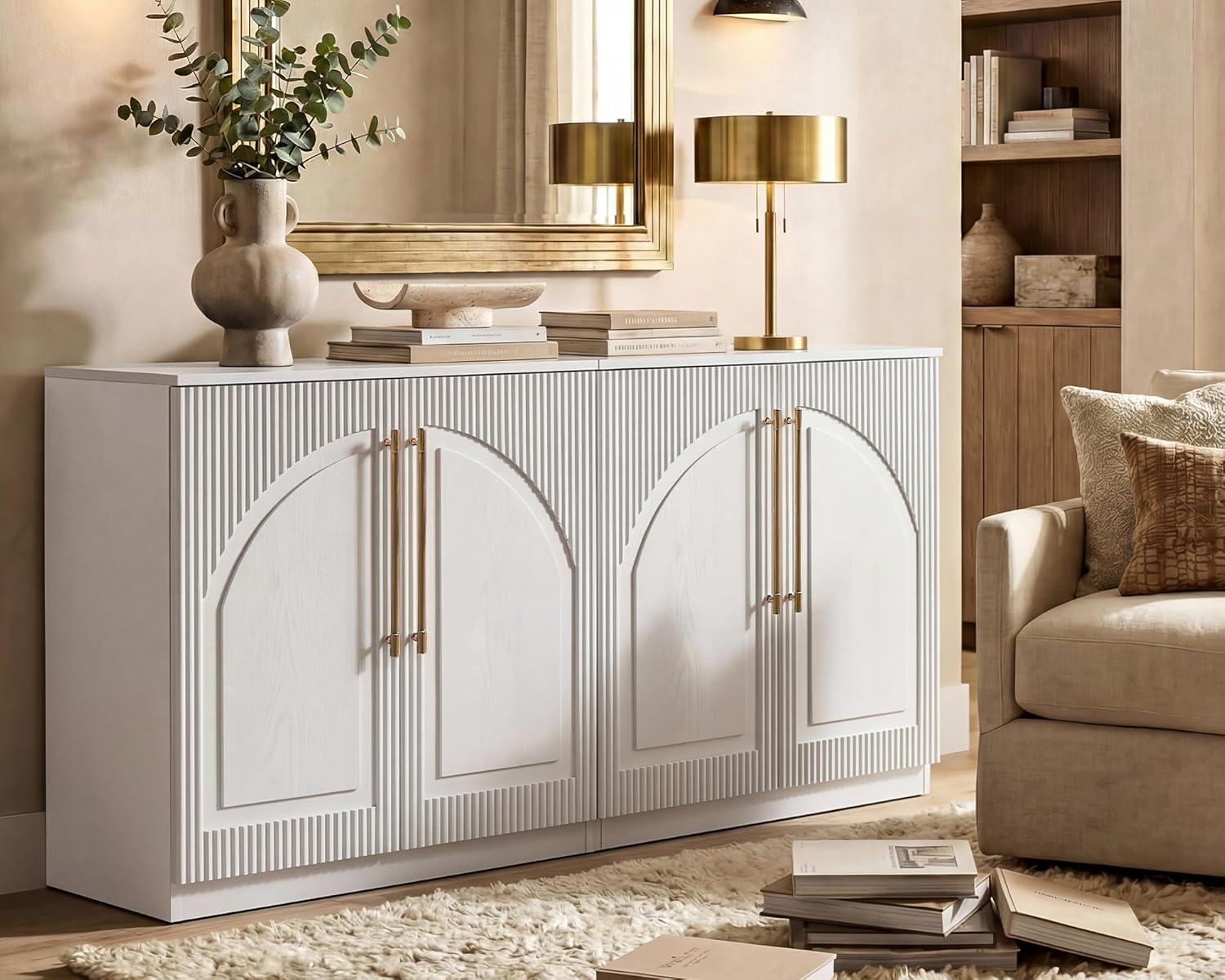 Morden Fort Handmade Fluted Arched Cabinet, Luxury Accent Cabinet with Adjustable Shelves, Durable Wood Modern Sideboard Buffet Credenza for Living Room Dining Room Entryway Bathroom White 31''