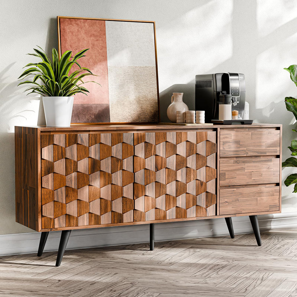 Bme Sideboard Georgina Solid Wood 2 Doors & 3 Drawers, 61'' Mid Century Modern Cabinet with Geometric Pattern for Kitchen, Dining, Living Room