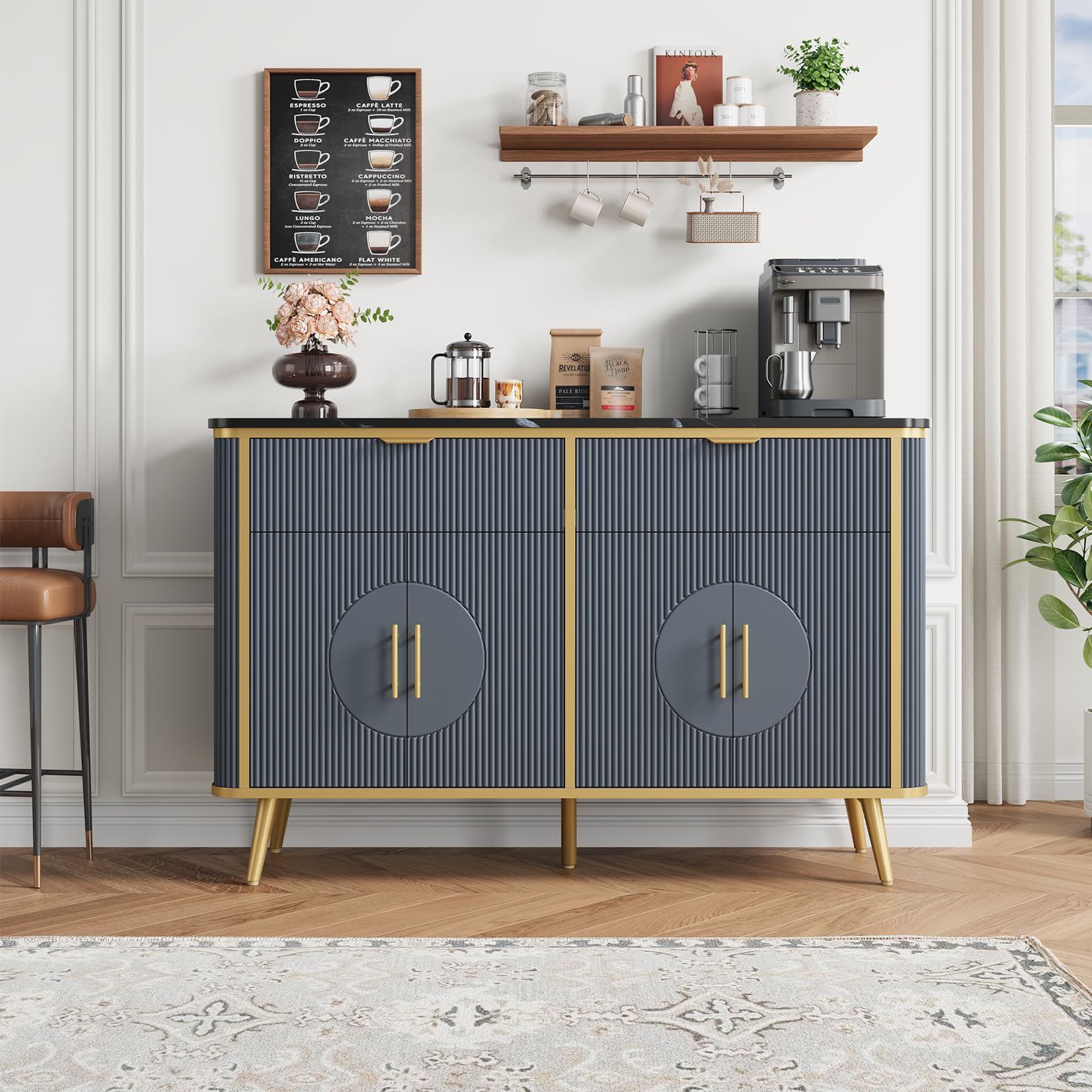 47.3" Modern Buffet Cabinet with Storage, Kitchen Sideboard Buffet with 2 Door & 3 Drawers, Fluted Caffee Bar Storage Cabinet for Dining Room, Living Room, Entryway, Natural Oak