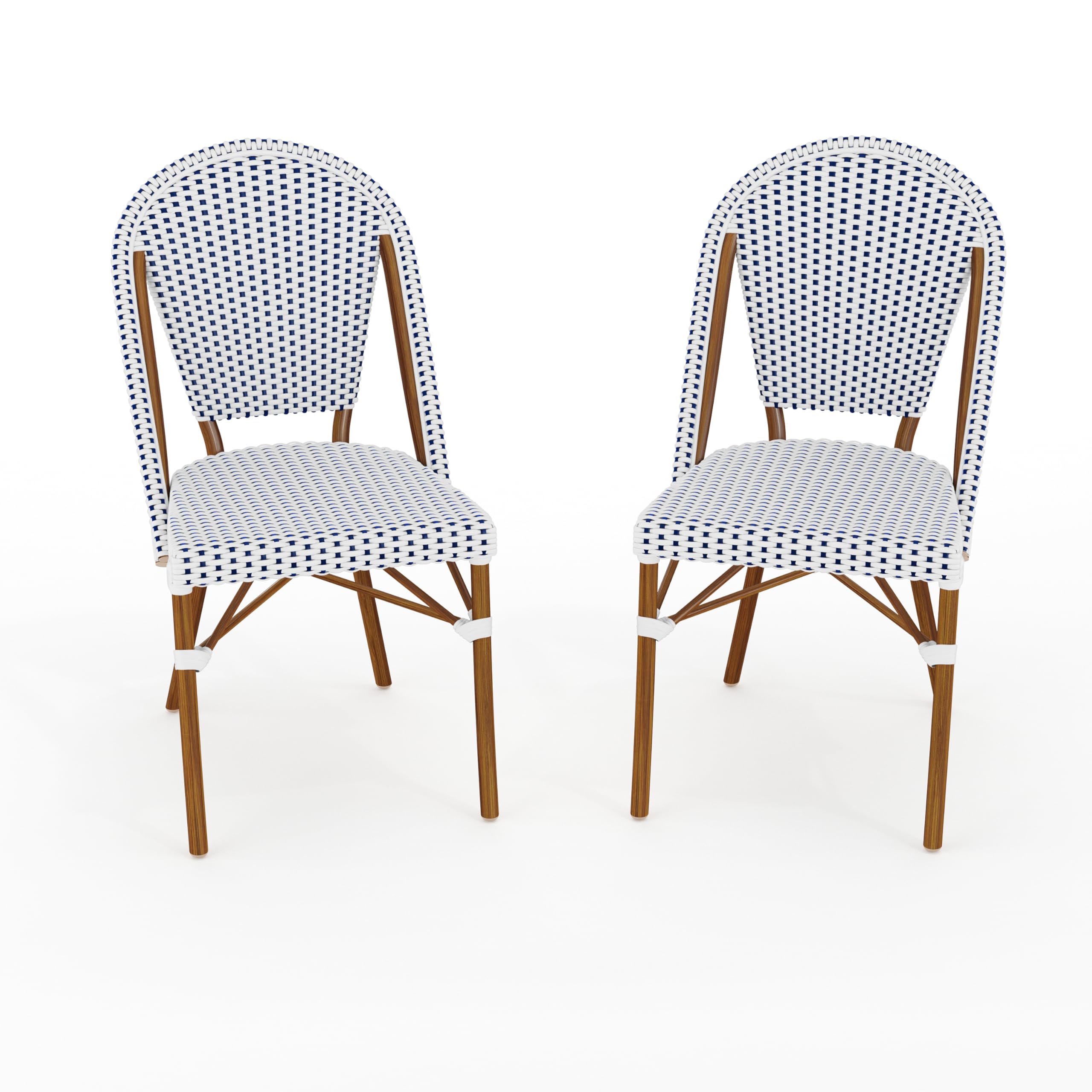 Martha Stewart Lily Pond Indoor-Outdoor Stackable Aluminum Bistro Chair with Natural Woodgrain Frame Finish and White/Navy Woven Rattan Backrest and Seat